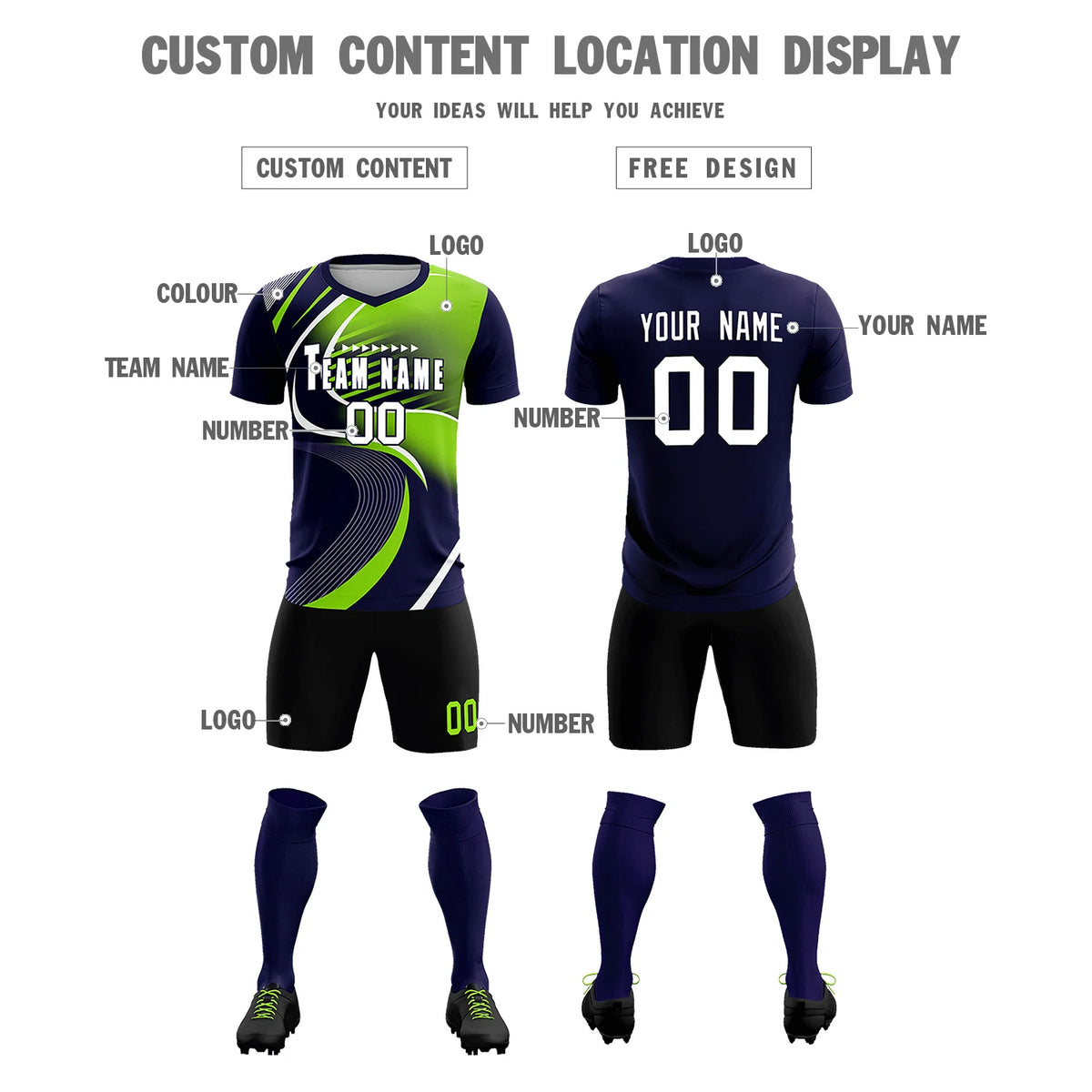 Custom Navy White-Neon Green Casual Printing Sportswear Soccer Sets Jersey