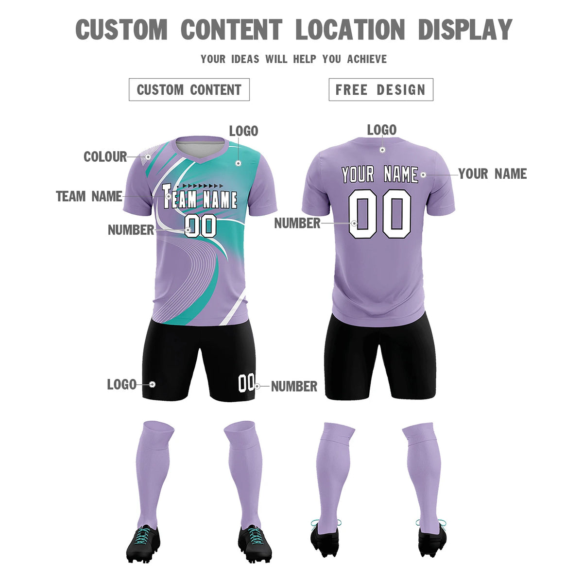 Custom Light Purple White-Bright Green Casual Printing Sportswear Soccer Sets Jersey