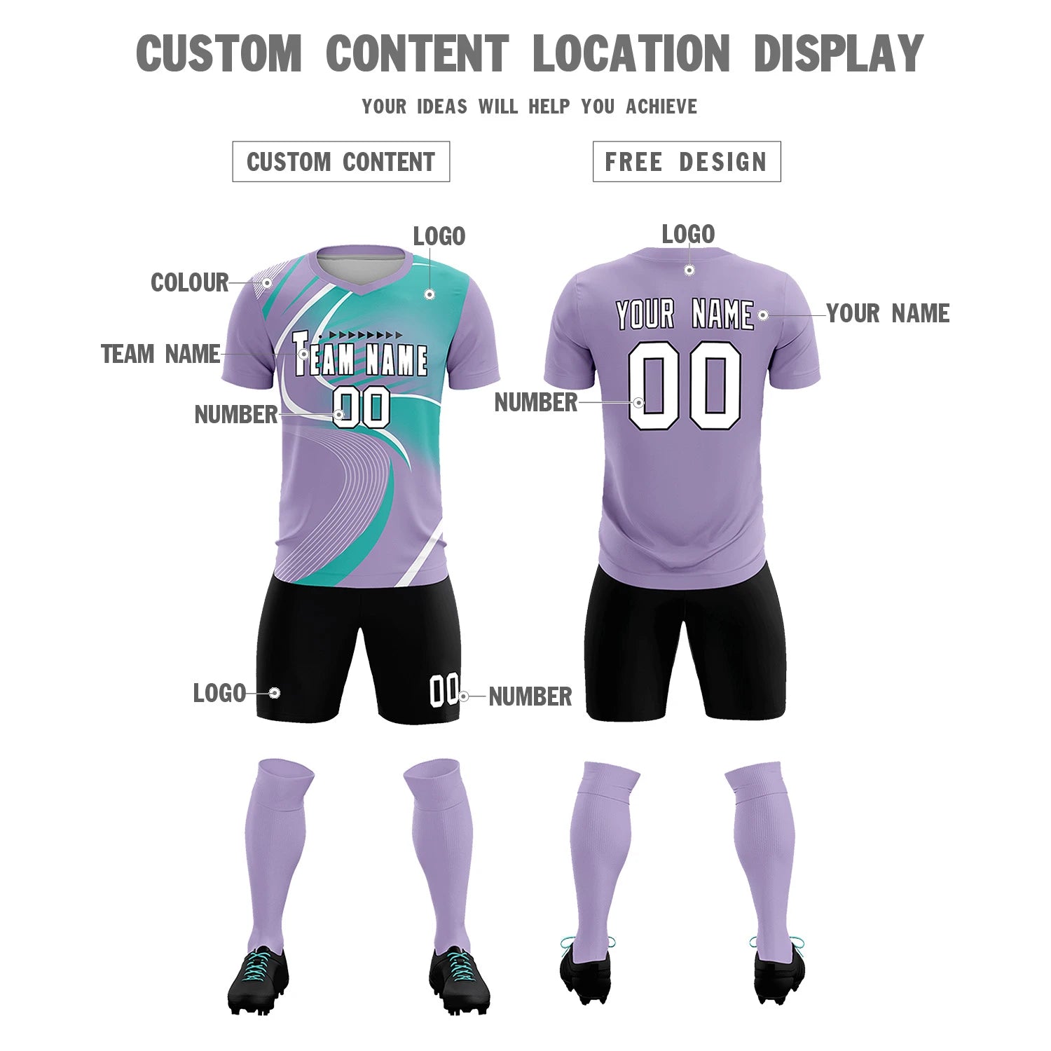 Custom Light Purple White-Bright Green Casual Printing Sportswear Soccer Sets Jersey