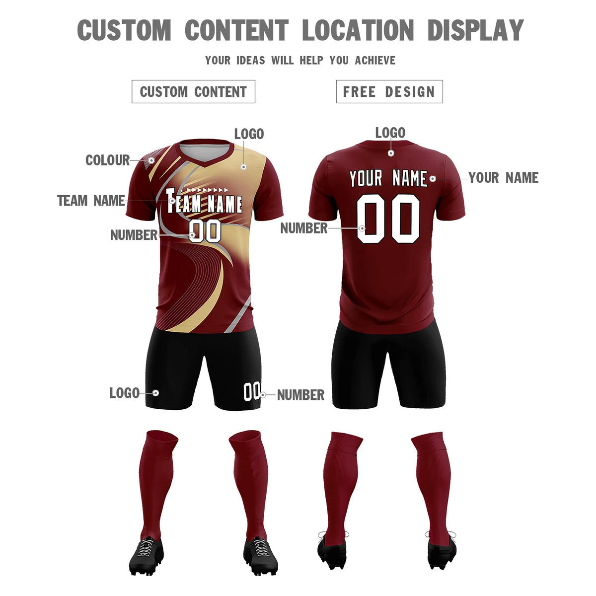 Custom Crimson Gray-Khaki Casual Printing Sportswear Soccer Sets Jersey