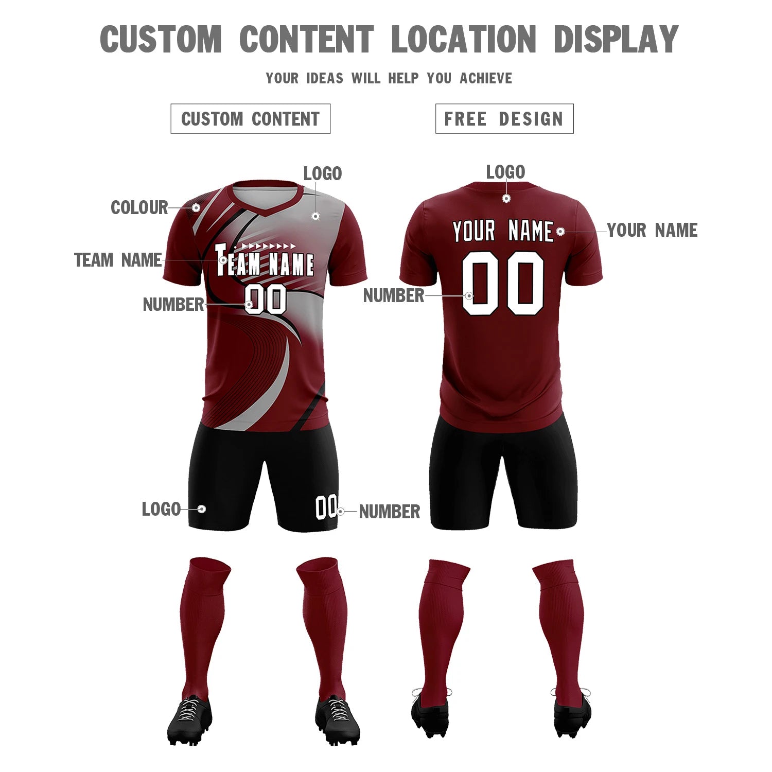 Custom Crimson Black-Gray Casual Printing Sportswear Soccer Sets Jersey