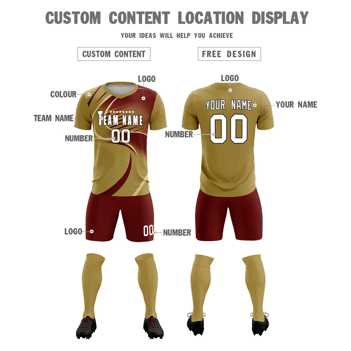Custom Old Gold Khaki-Crimson Casual Printing Sportswear Soccer Sets Jersey