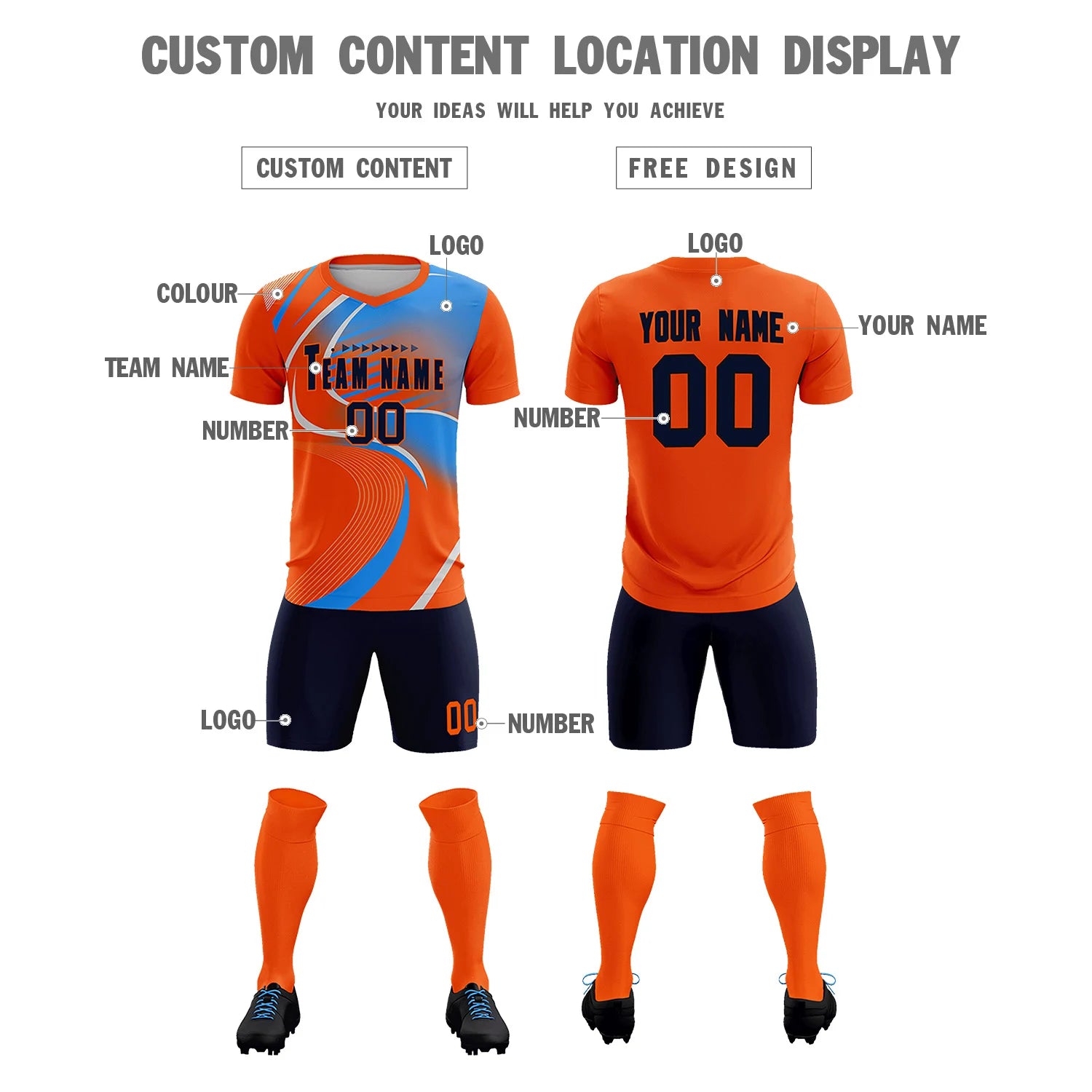 Custom Orange Gray-Light Blue Casual Printing Sportswear Soccer Sets Jersey