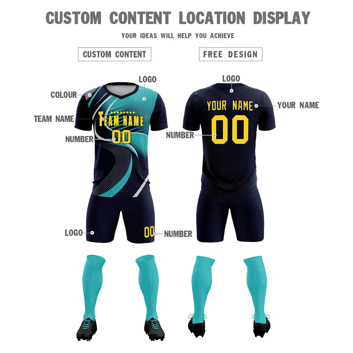 Custom Navy Gray-Aqua Casual Printing Sportswear Soccer Sets Jersey