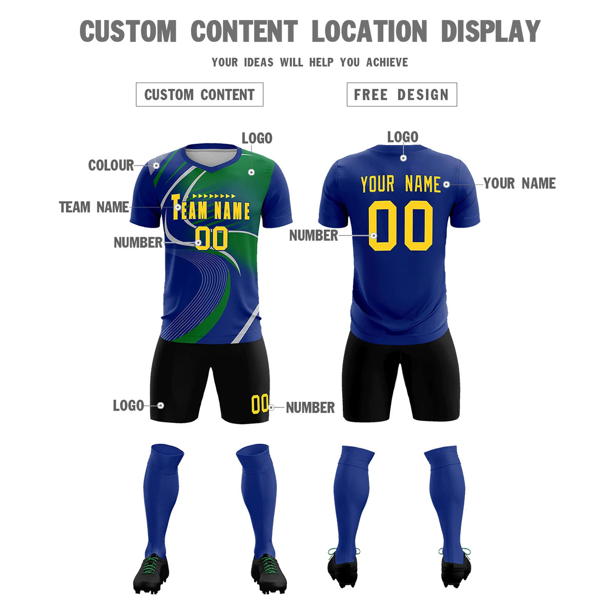 Custom Royal Blue Gray-Kelly Green Casual Printing Sportswear Soccer Sets Jersey