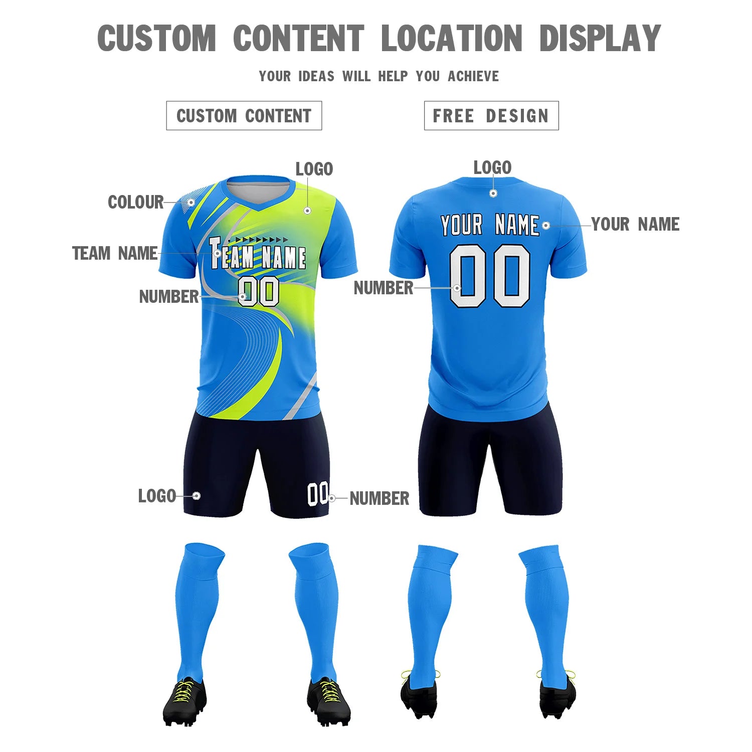 Custom Powder Blue Gray-Neon Green Casual Printing Sportswear Soccer Sets Jersey
