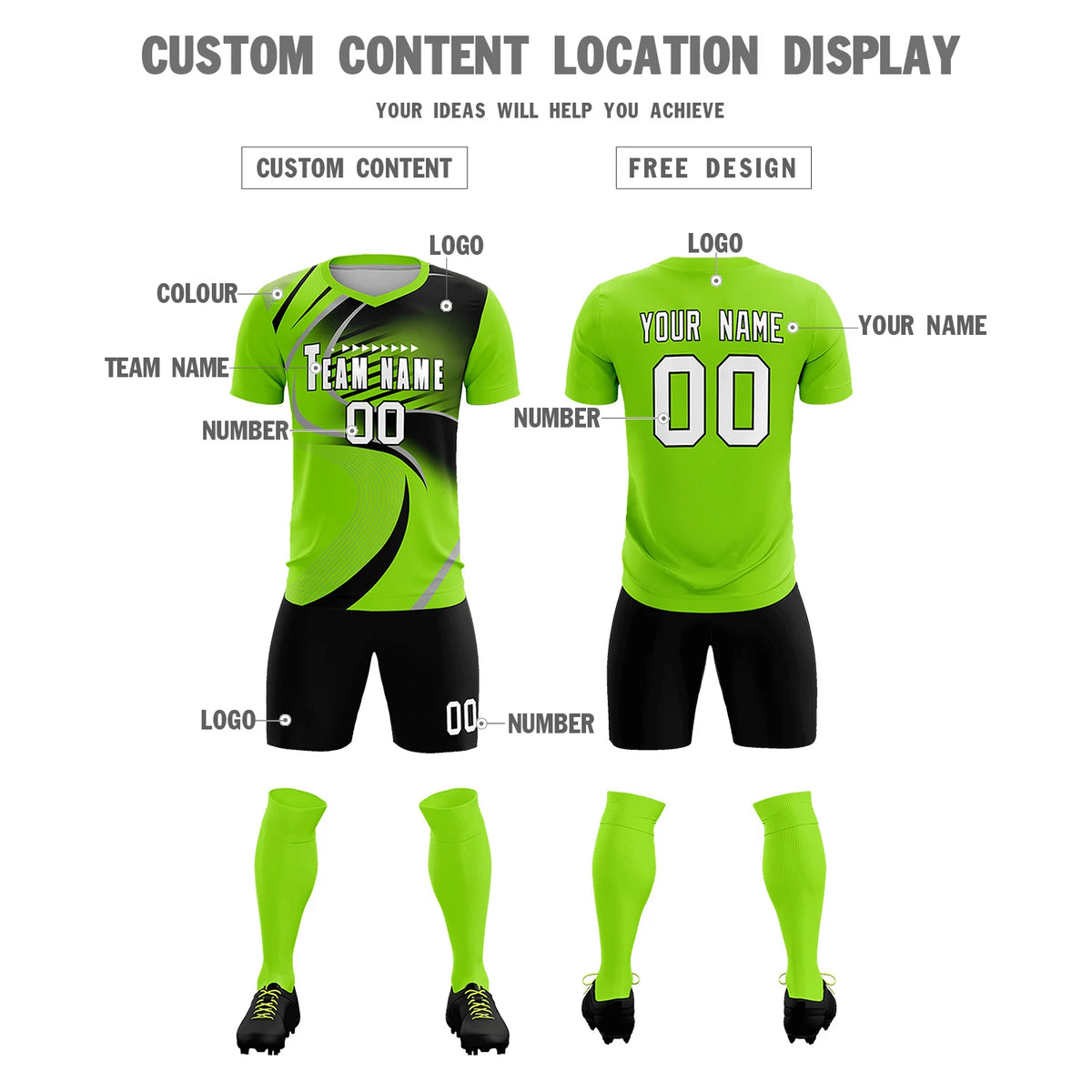 Custom Neon Green Gray-Black Casual Printing Sportswear Soccer Sets Jersey