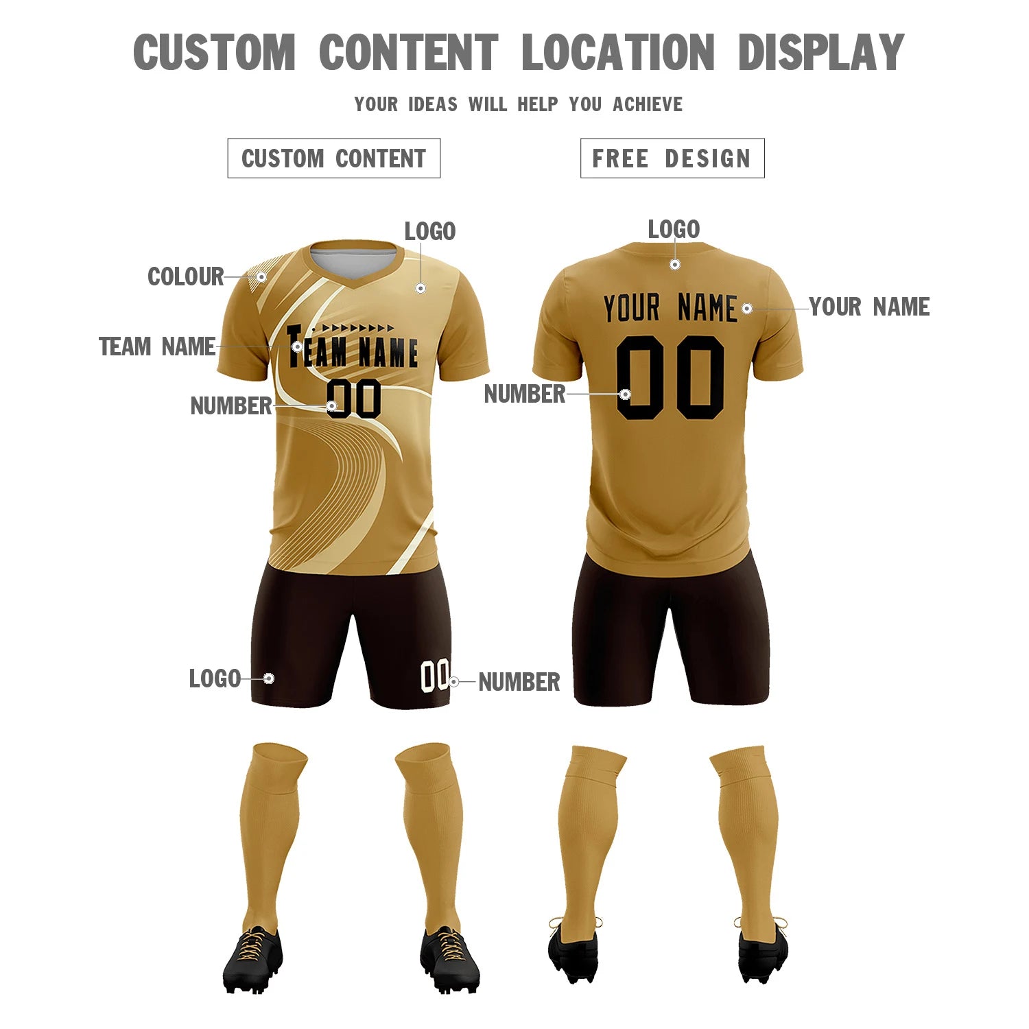 Custom Old Gold Khaki-Khaki Casual Printing Sportswear Soccer Sets Jersey