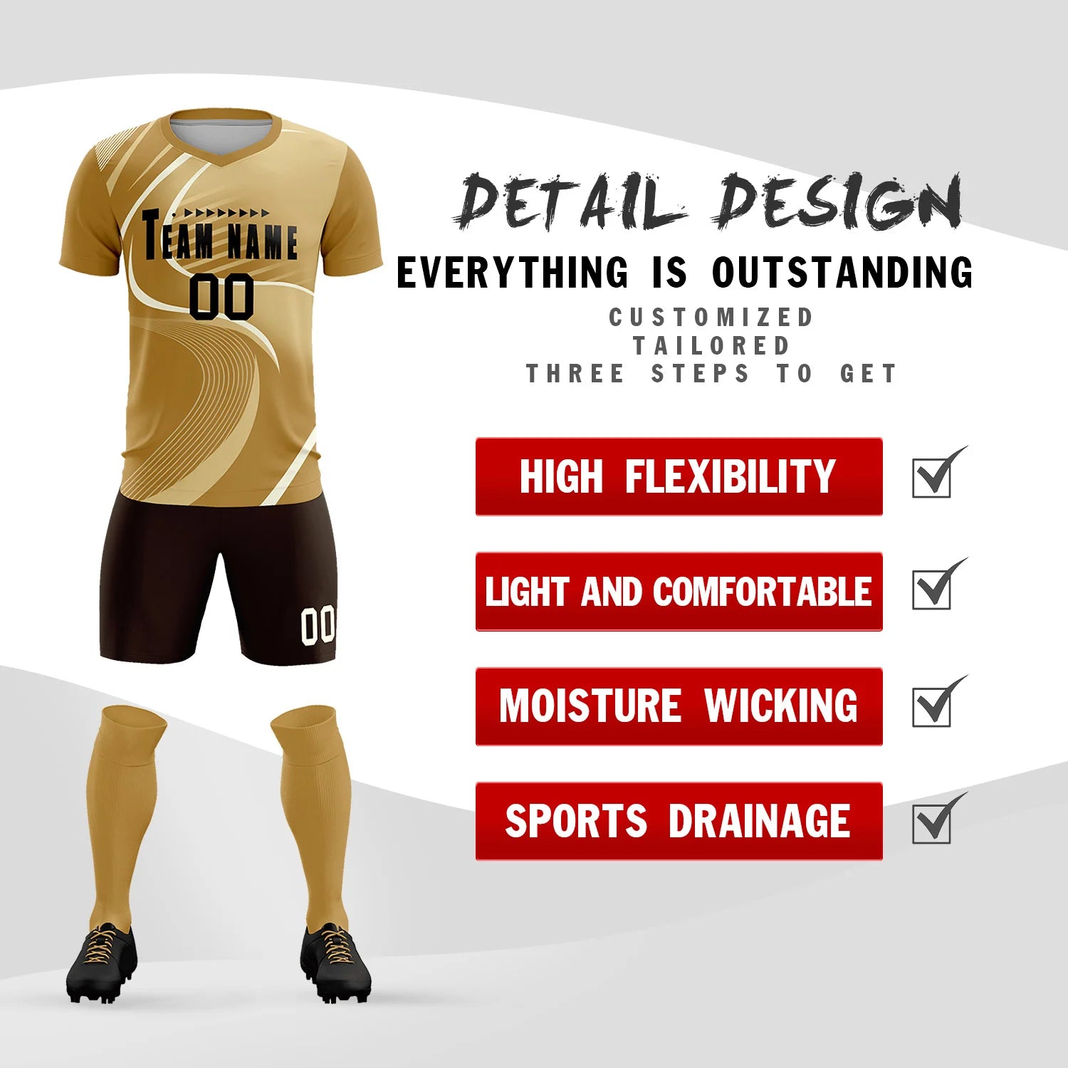 Custom Old Gold Khaki-Khaki Casual Printing Sportswear Soccer Sets Jersey