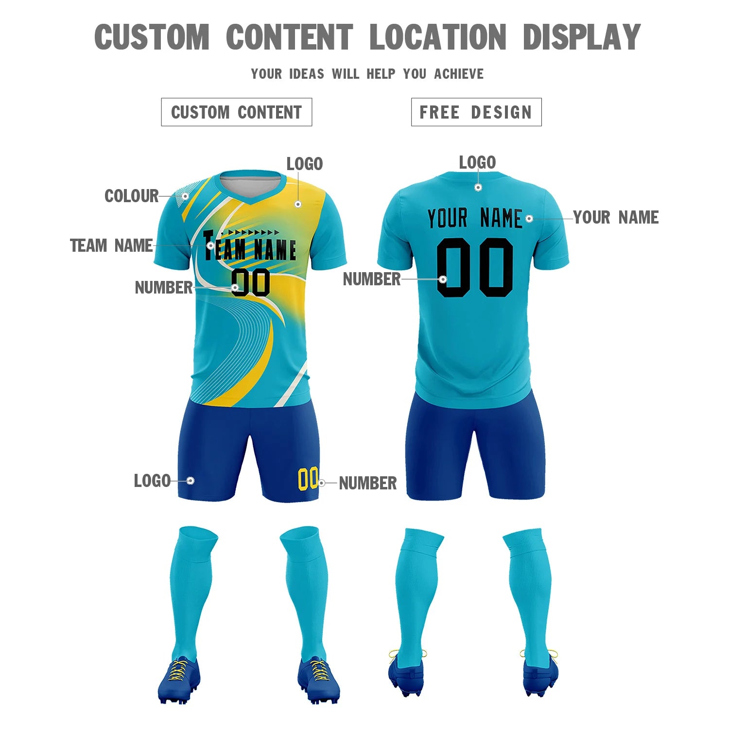 Custom Aqua Black-Gold01 Casual Printing Sportswear Soccer Sets Jersey