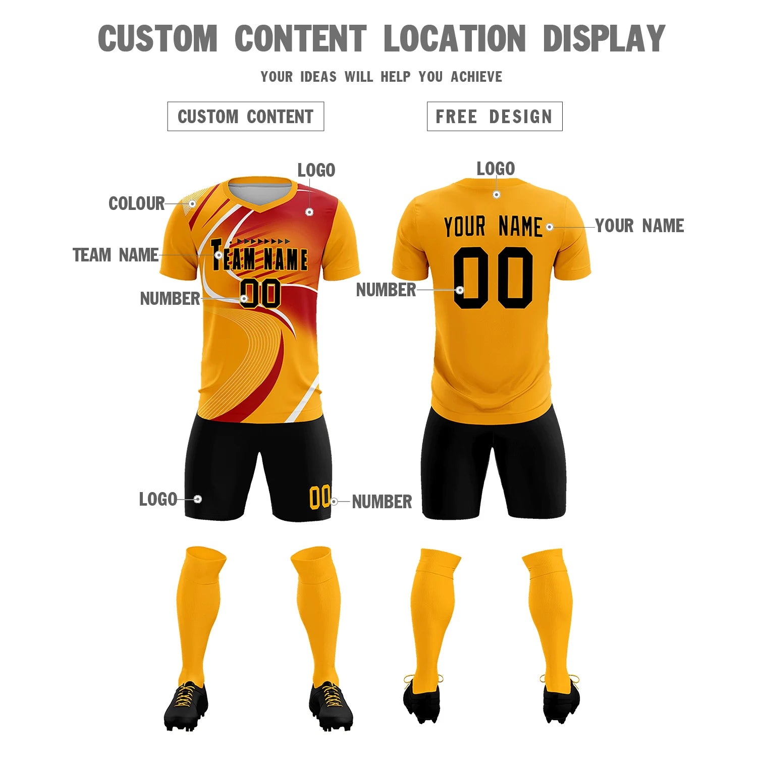 Custom Yellow White-Red Casual Printing Sportswear Soccer Sets Jersey