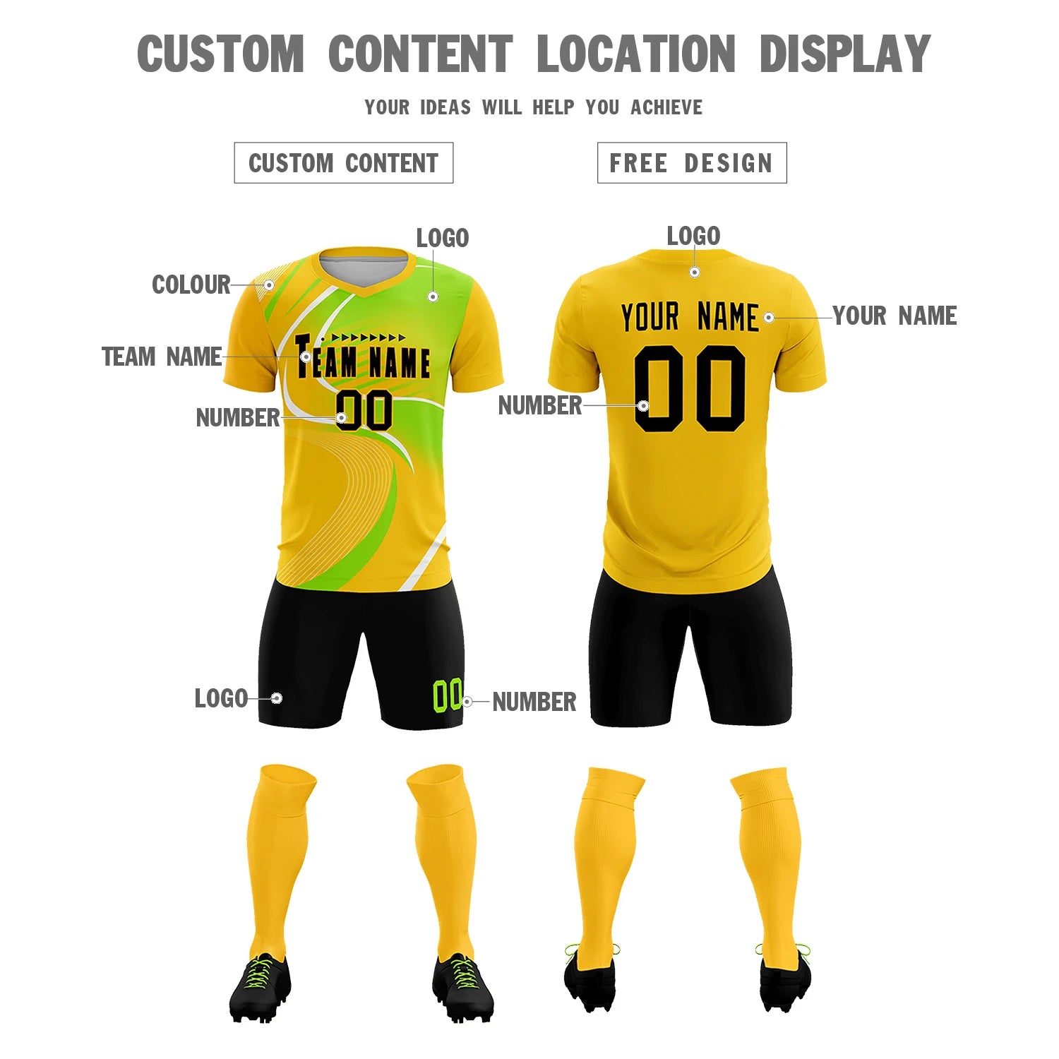 Custom Gold01 White-Neon Green Casual Printing Sportswear Soccer Sets Jersey