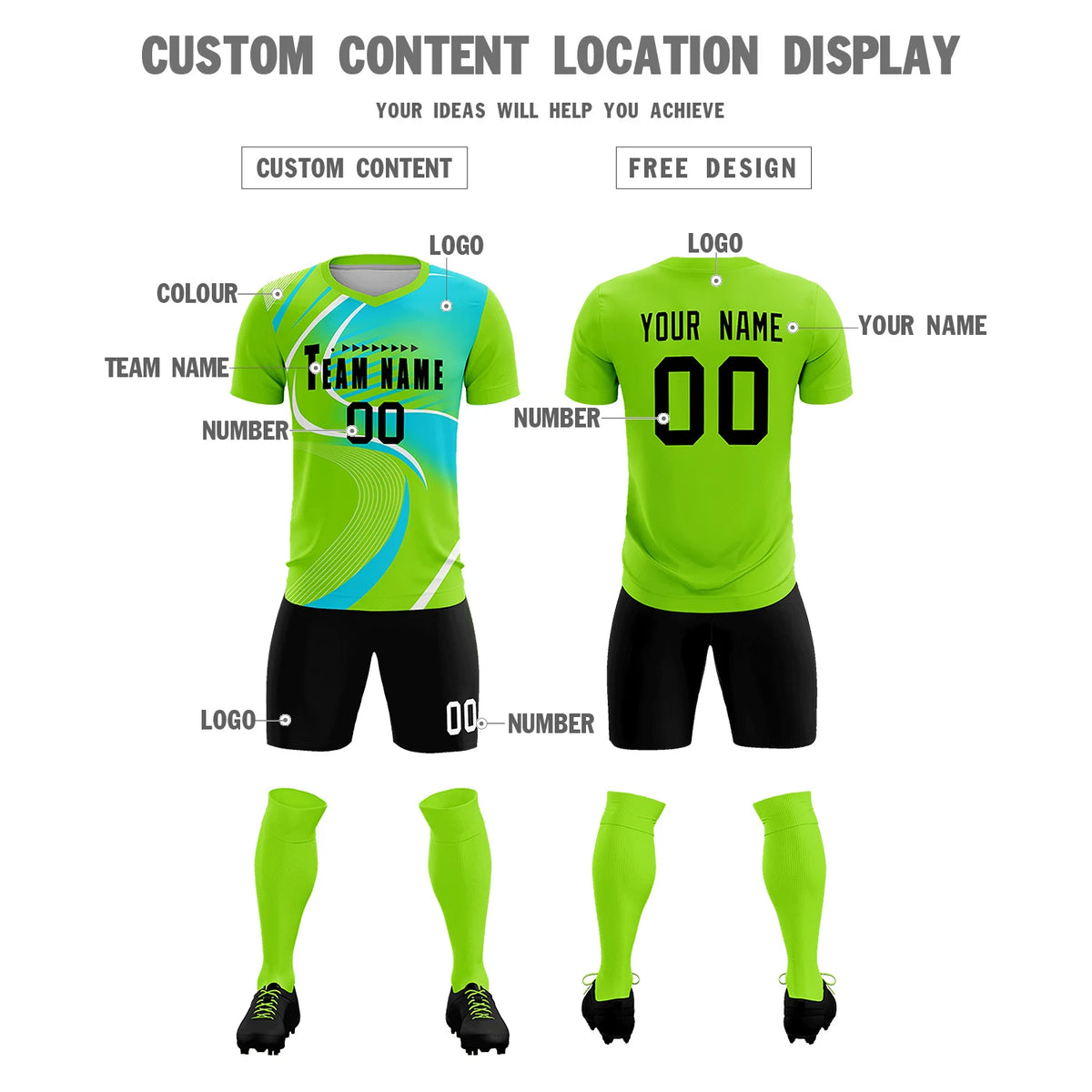 Custom Neon Green White-Sky Blue Casual Printing Sportswear Soccer Sets Jersey