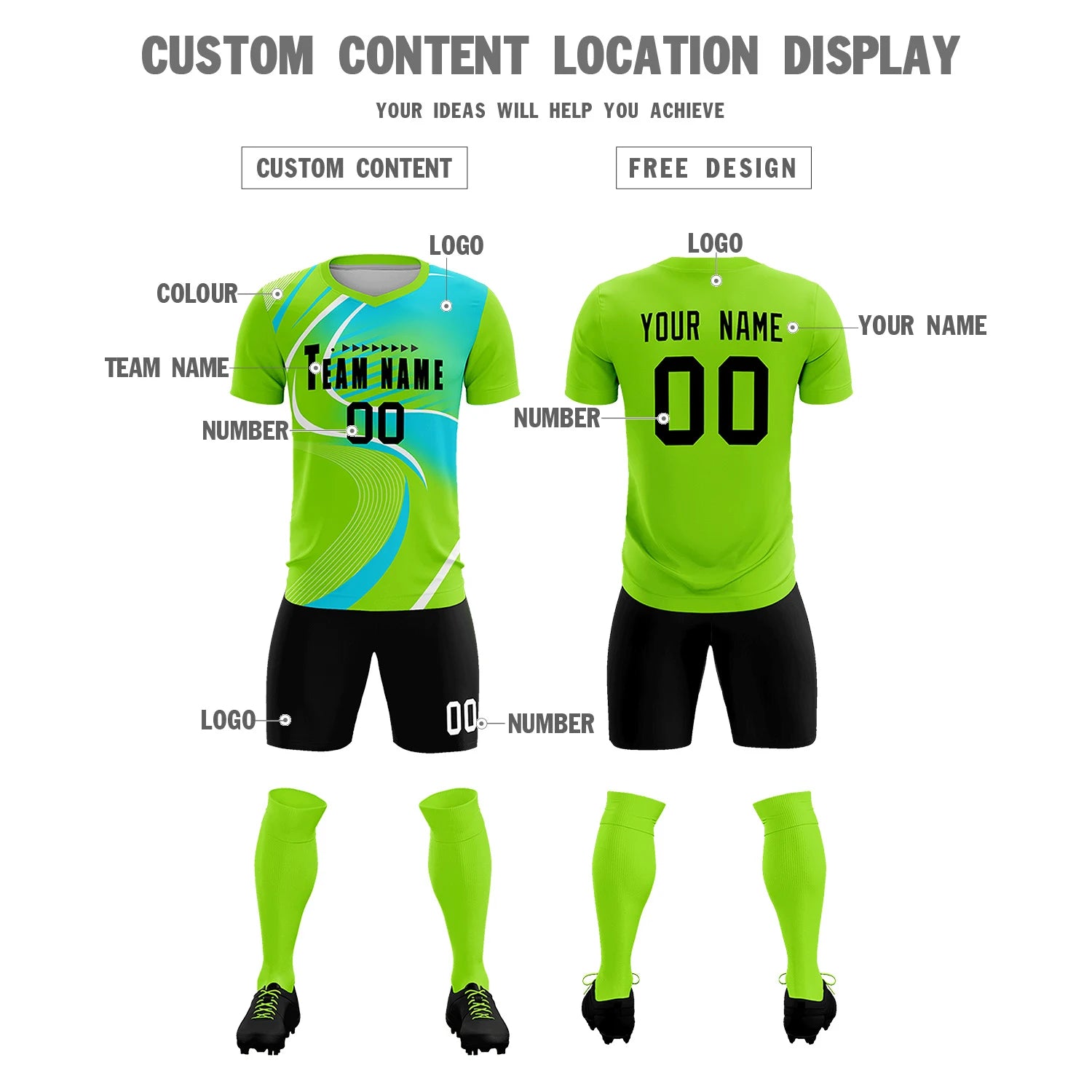 Custom Neon Green White-Sky Blue Casual Printing Sportswear Soccer Sets Jersey