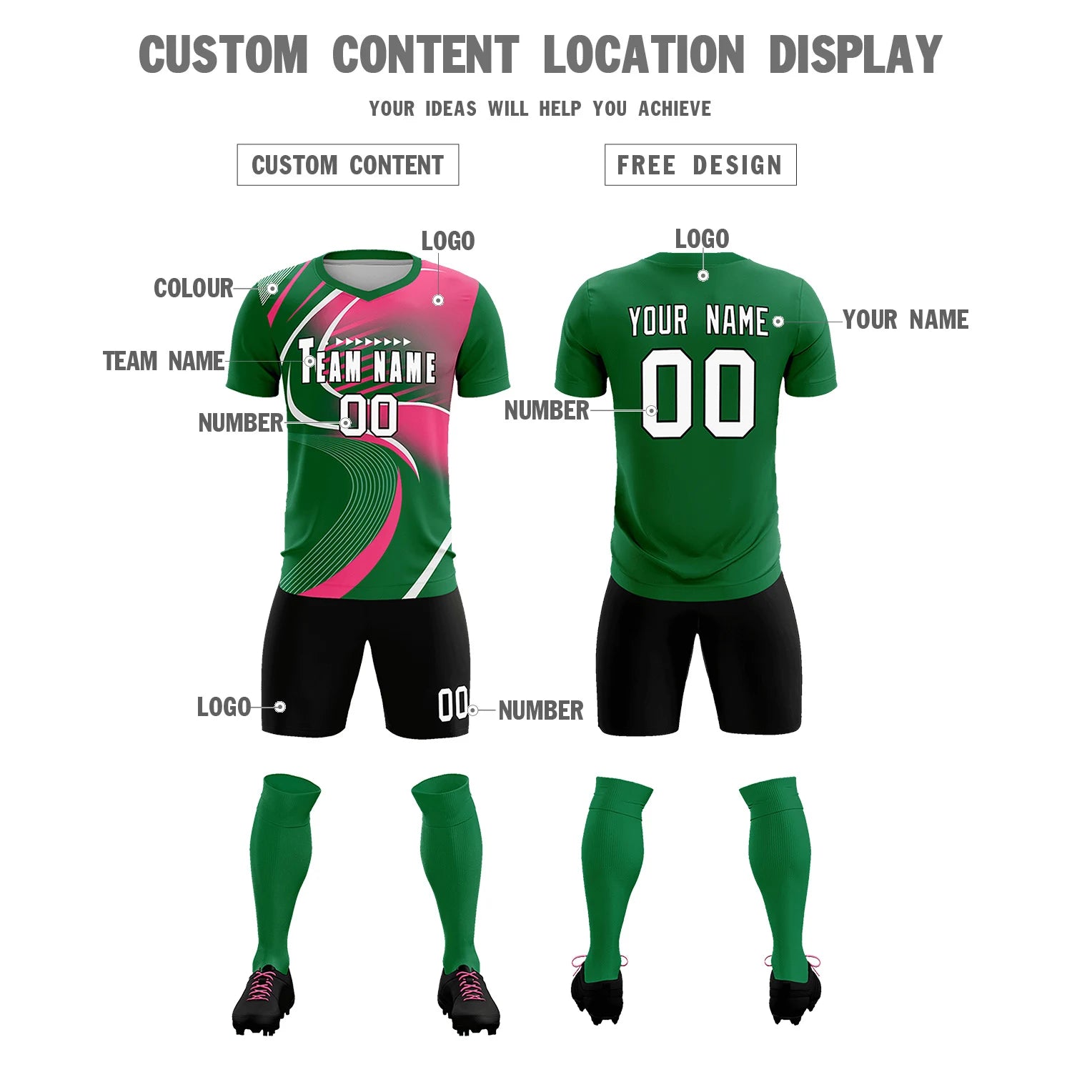 Custom Kelly Green White-Pink Casual Printing Sportswear Soccer Sets Jersey