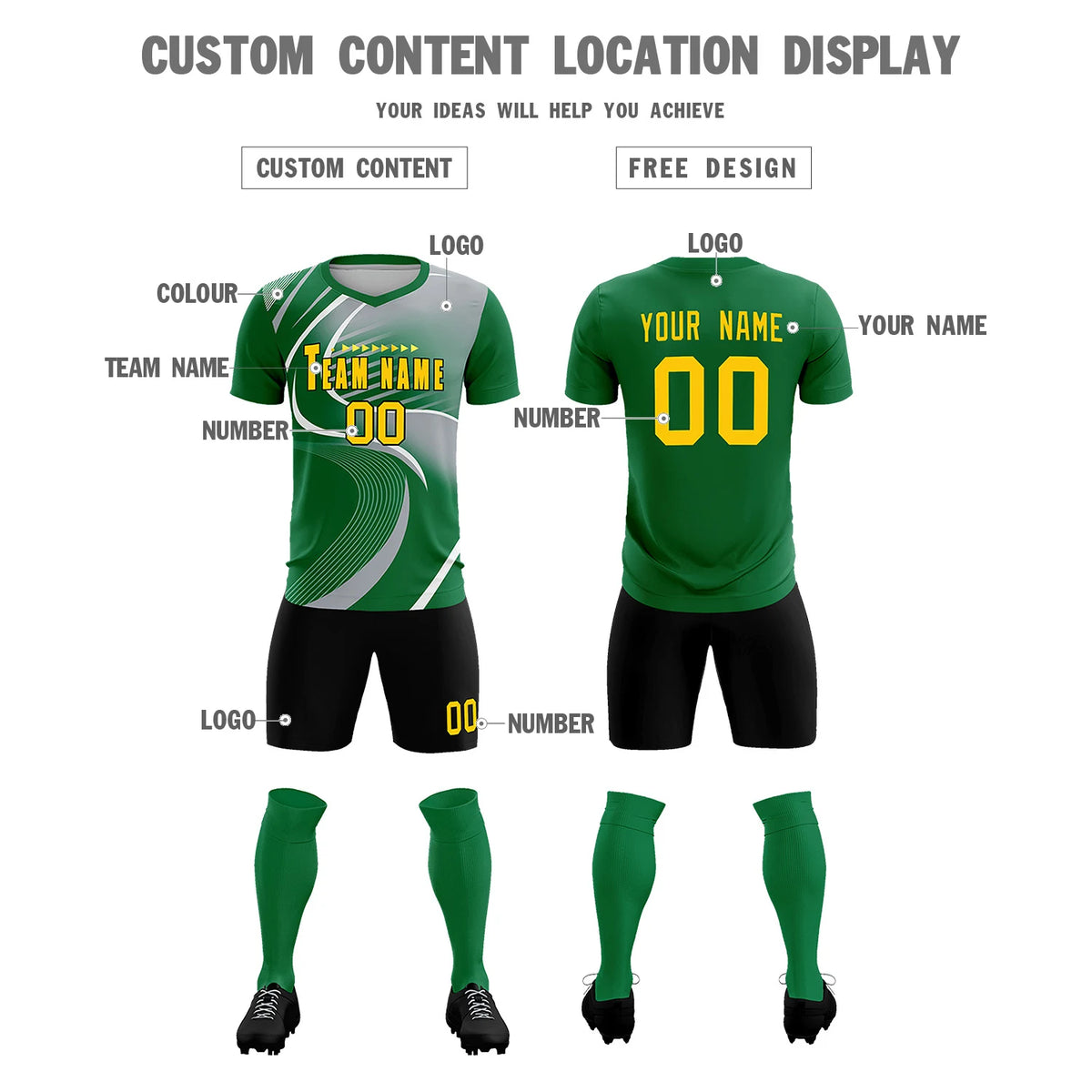 Custom Kelly Green White-Gray Casual Printing Sportswear Soccer Sets Jersey