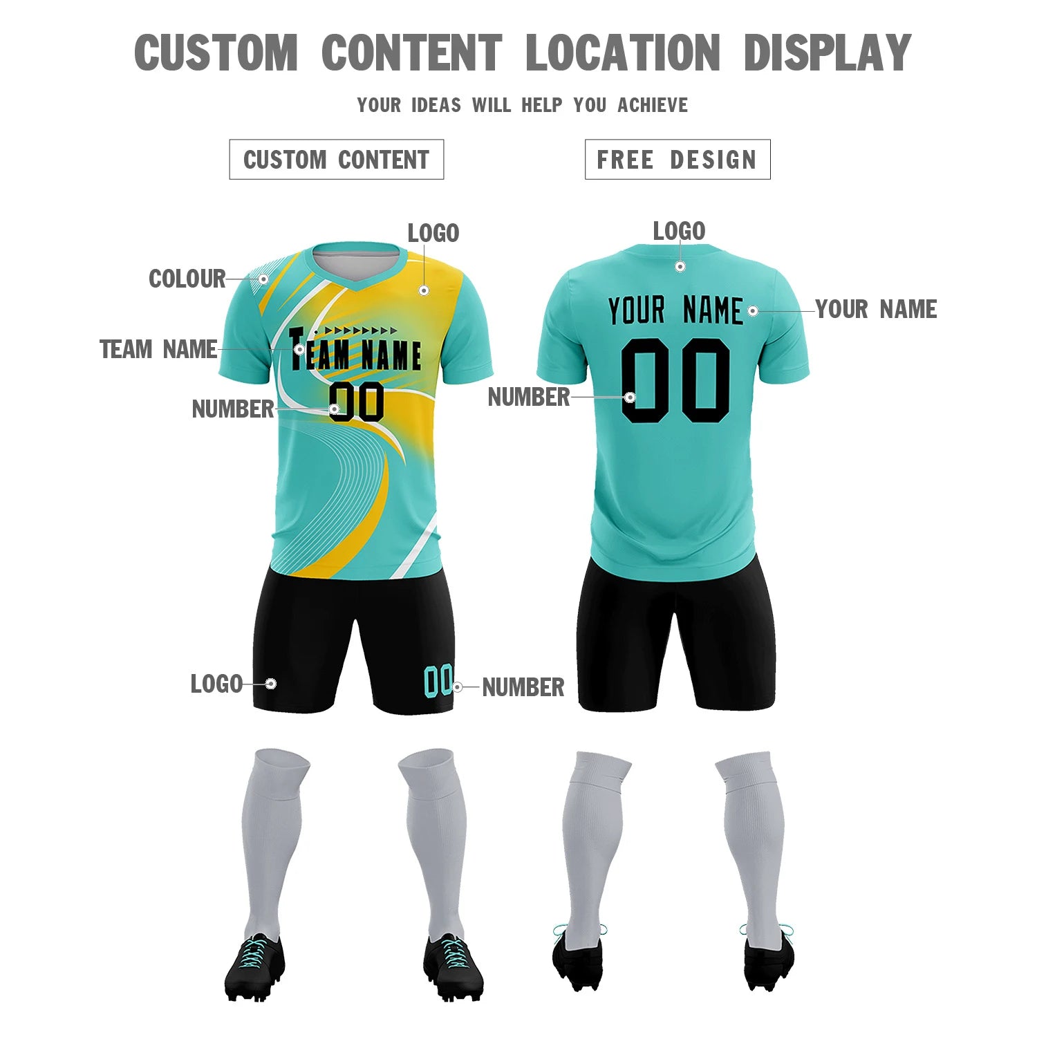 Custom Bright Green White-Gold01 Casual Printing Sportswear Soccer Sets Jersey