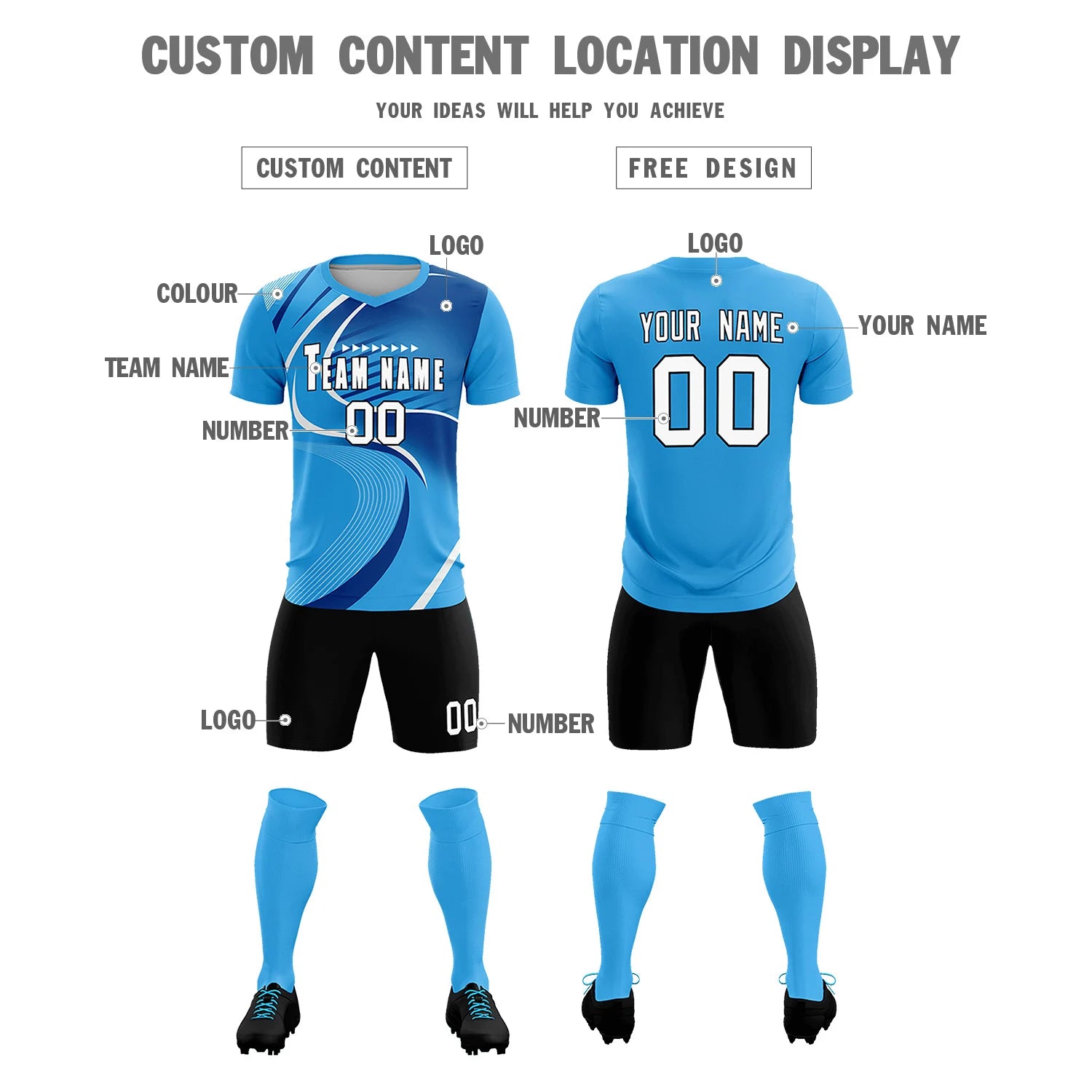 Custom Powder Blue White-Navy Casual Printing Sportswear Soccer Sets Jersey