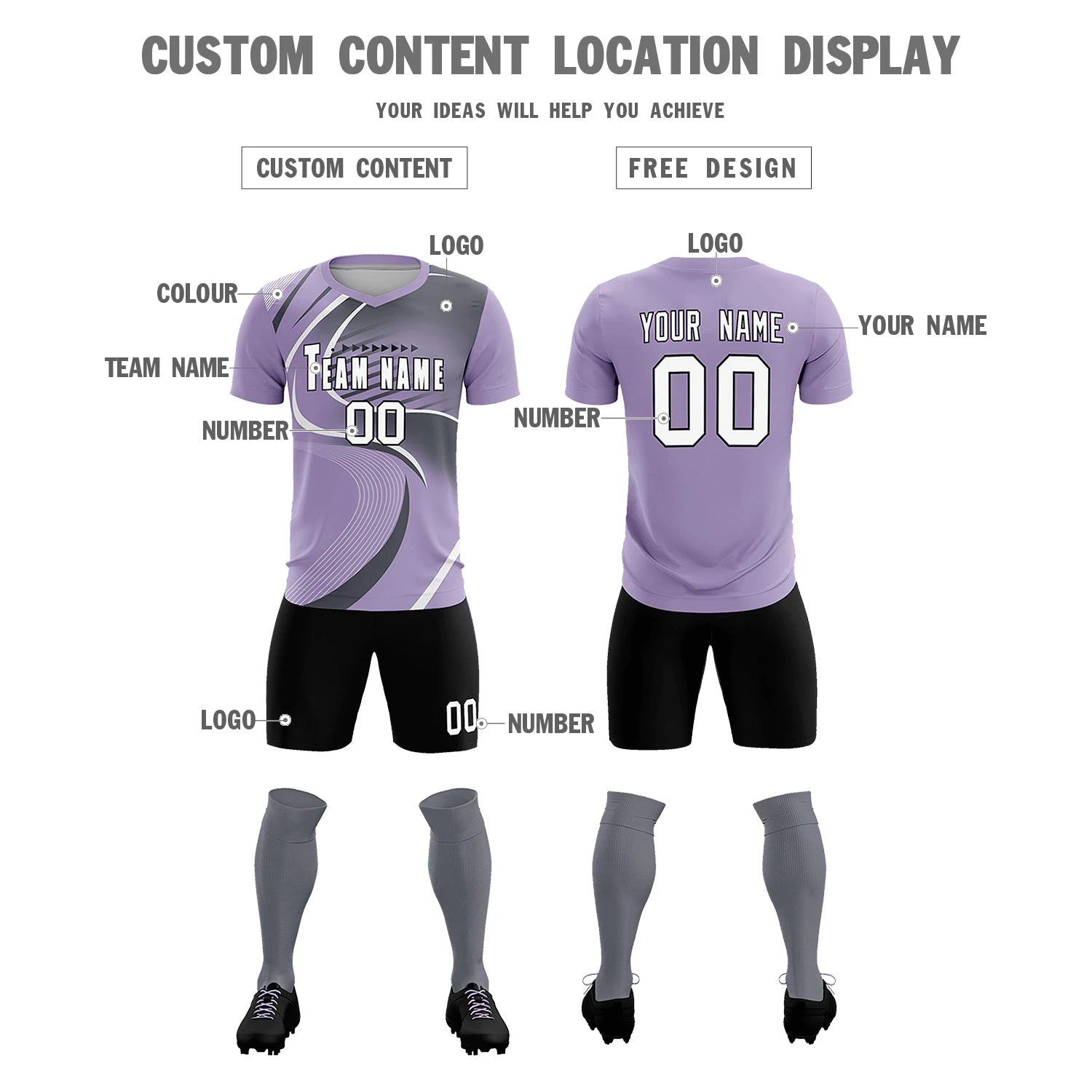 Custom Light Purple White-Gray Casual Printing Sportswear Soccer Sets Jersey