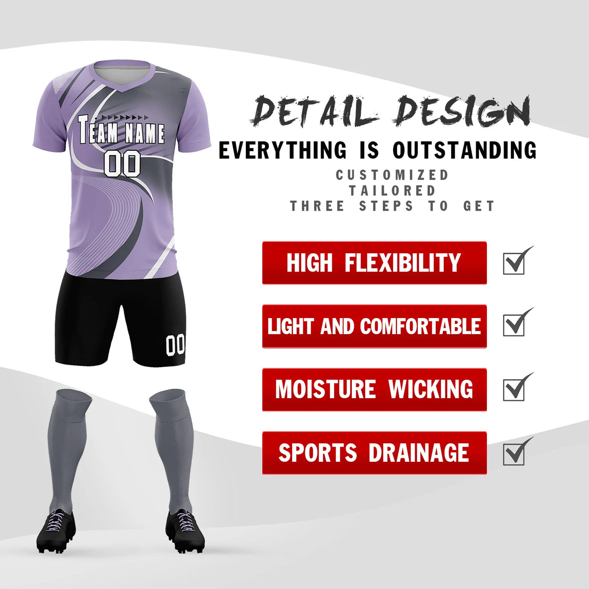 Custom Light Purple White-Gray Casual Printing Sportswear Soccer Sets Jersey