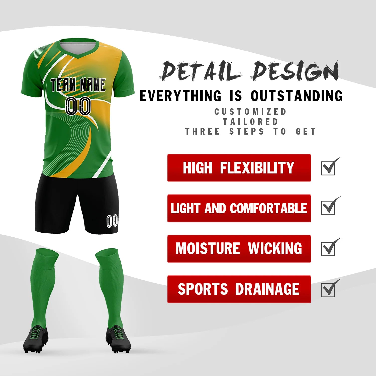 Custom Kelly Green White-Yellow Casual Printing Sportswear Soccer Sets Jersey