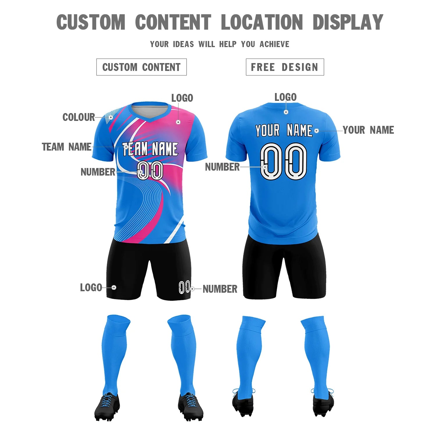 Custom Powder Blue White-Pink Casual Printing Sportswear Soccer Sets Jersey