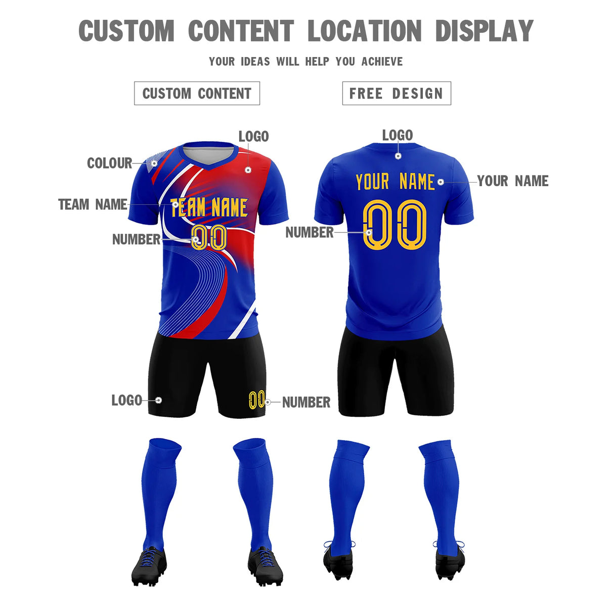 Custom Royal Blue White-Red Casual Printing Sportswear Soccer Sets Jersey