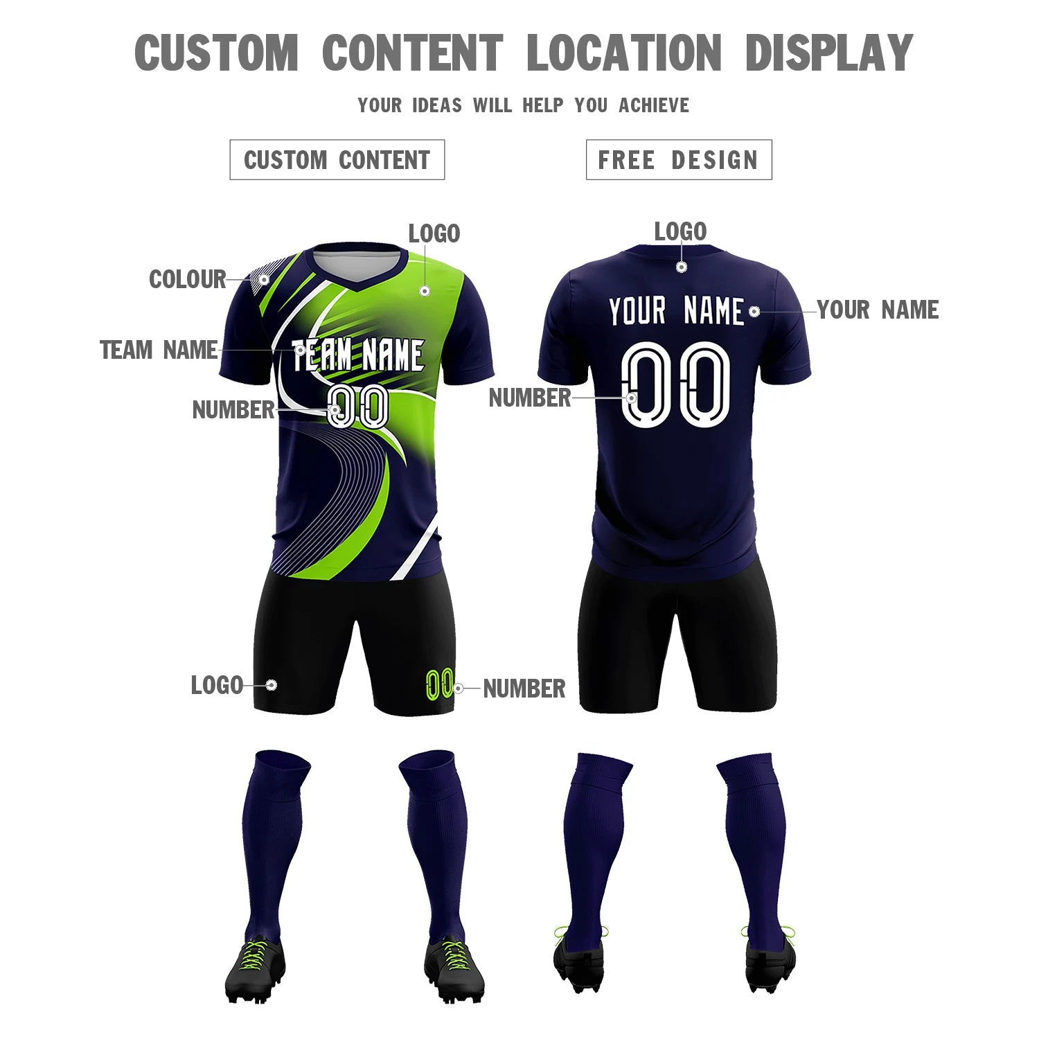 Custom Navy White-Neon Green Casual Printing Sportswear Soccer Sets Jersey