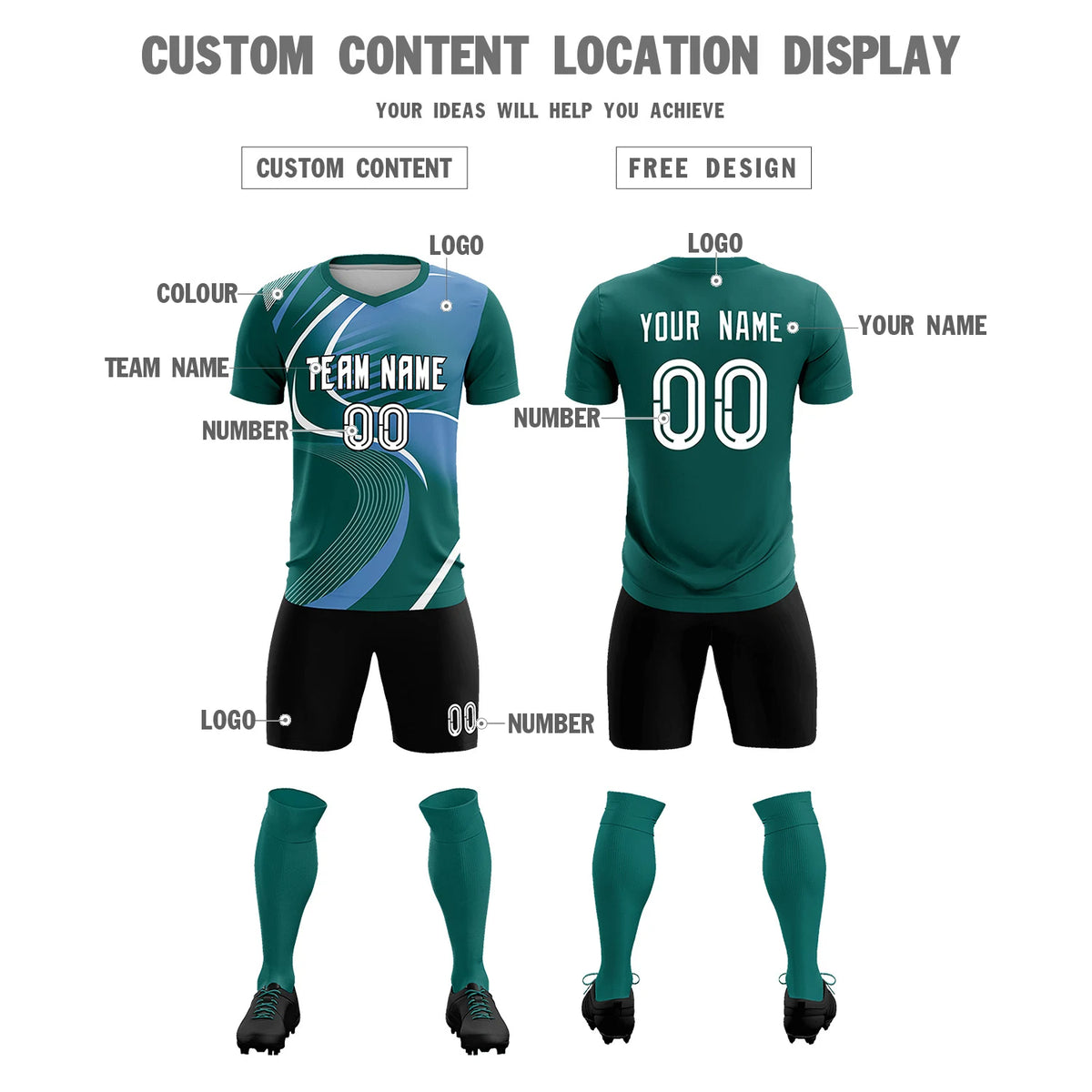 Custom Midnight Green White-Light Blue Casual Printing Sportswear Soccer Sets Jersey