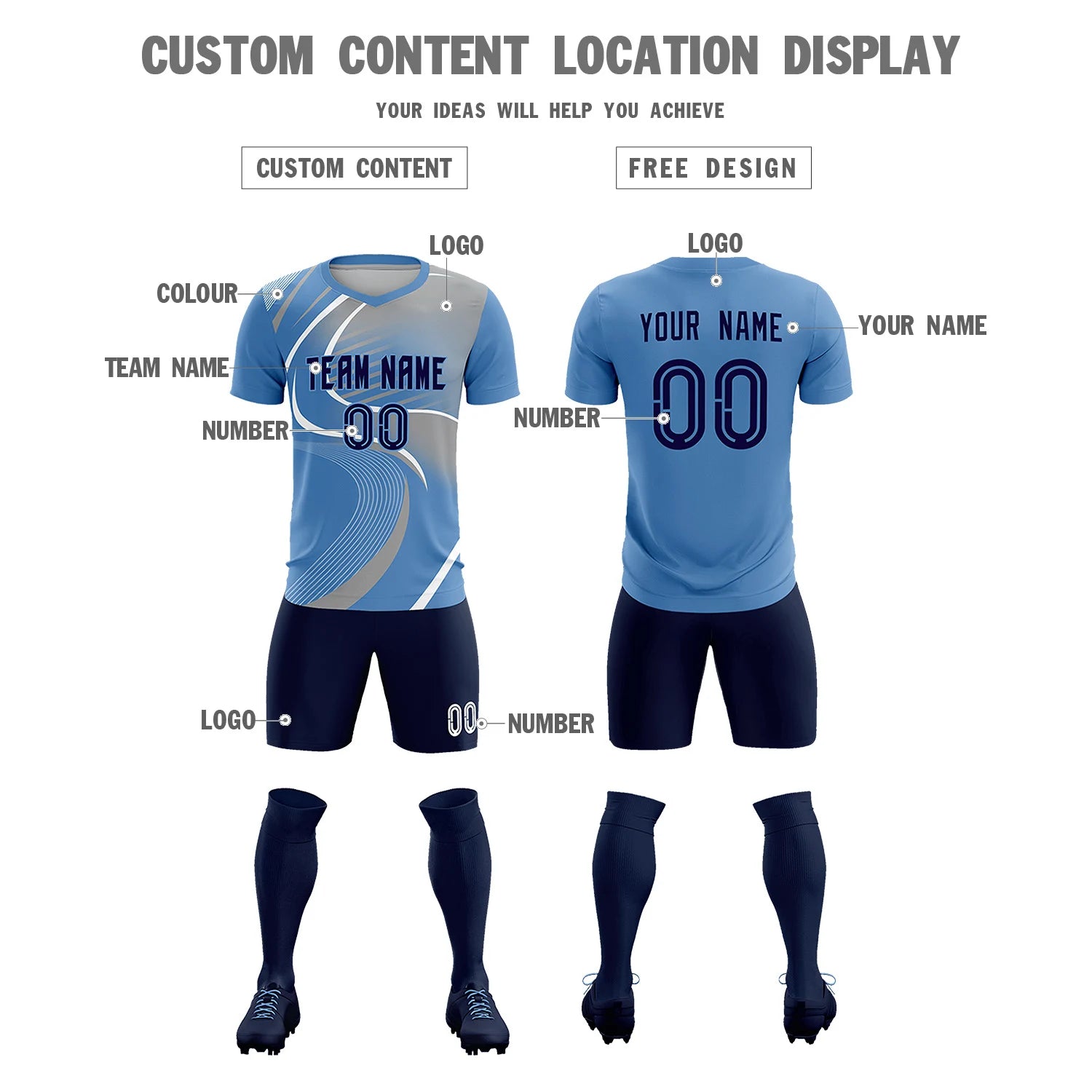 Custom Light Blue White-Gray Casual Printing Sportswear Soccer Sets Jersey