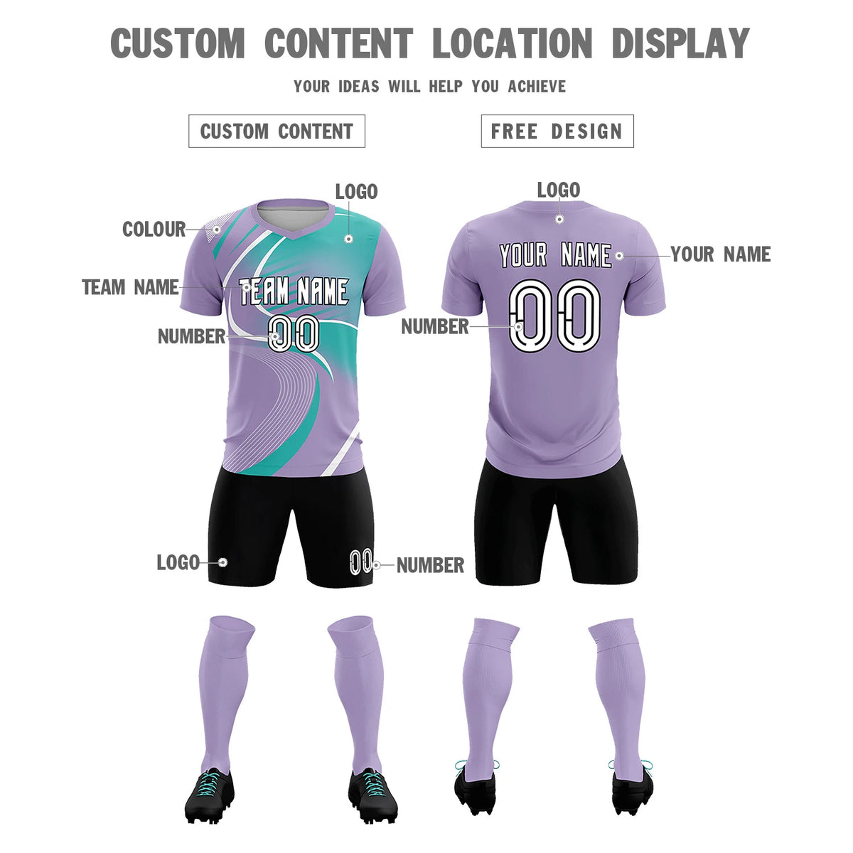 Custom Light Purple White-Bright Green Casual Printing Sportswear Soccer Sets Jersey