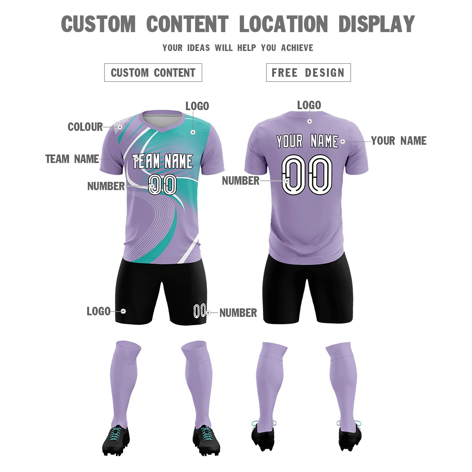 Custom Light Purple White-Bright Green Casual Printing Sportswear Soccer Sets Jersey
