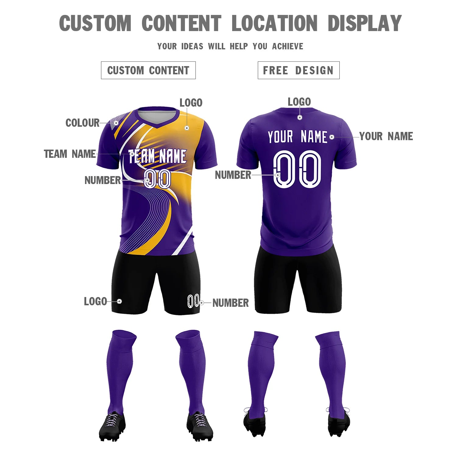 Custom Purple White-Gold01 Casual Printing Sportswear Soccer Sets Jersey
