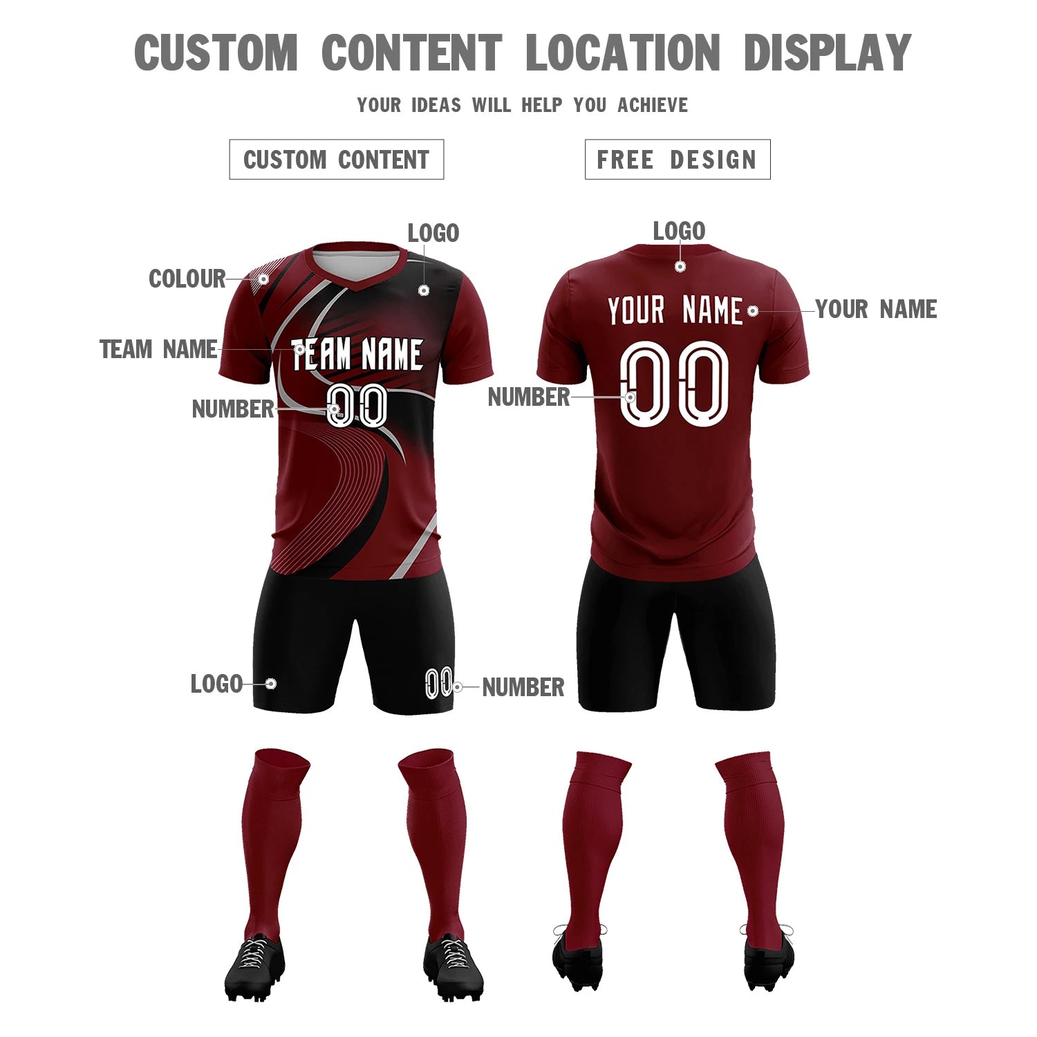 Custom Crimson Gray-Black Casual Printing Sportswear Soccer Sets Jersey