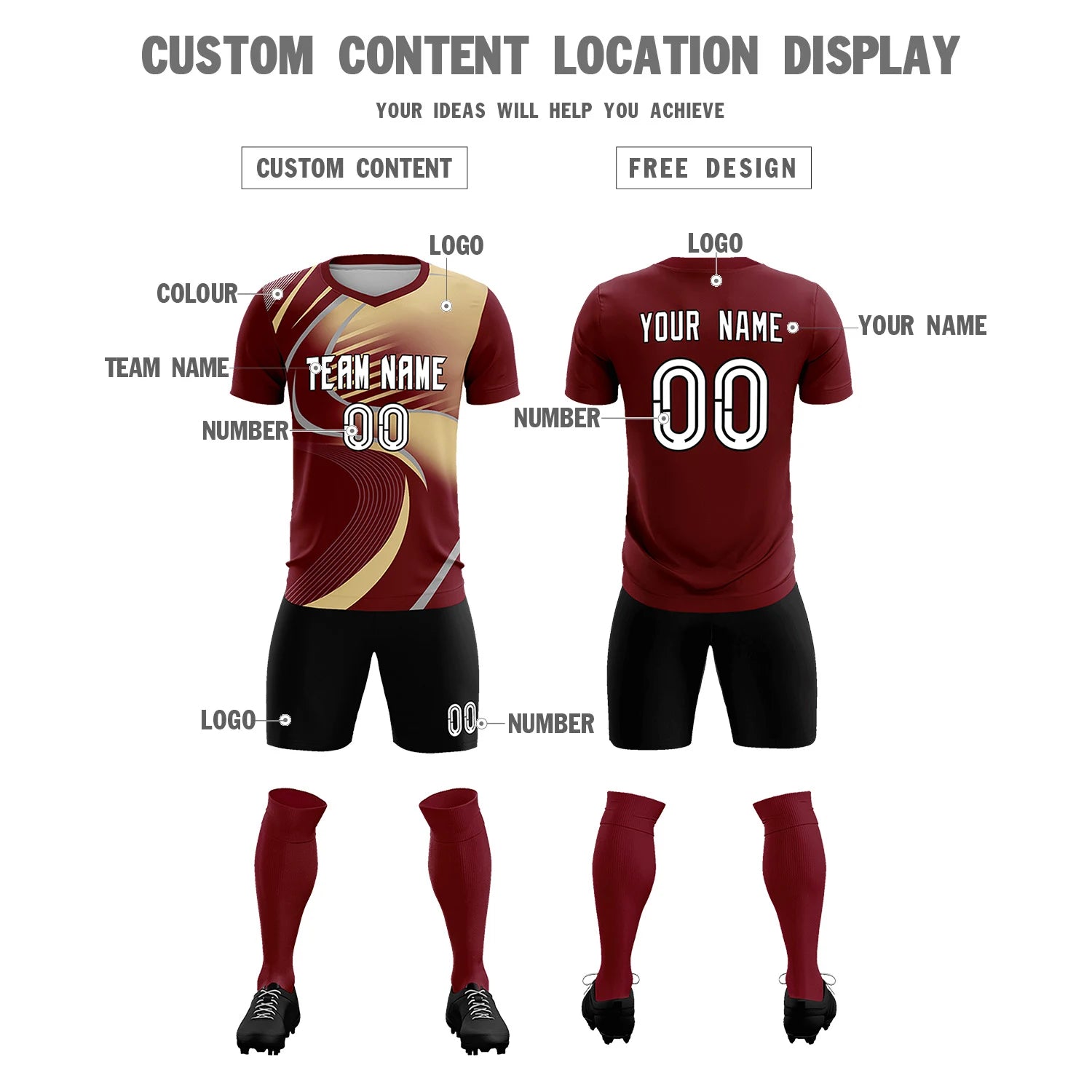 Custom Crimson Gray-Khaki Casual Printing Sportswear Soccer Sets Jersey