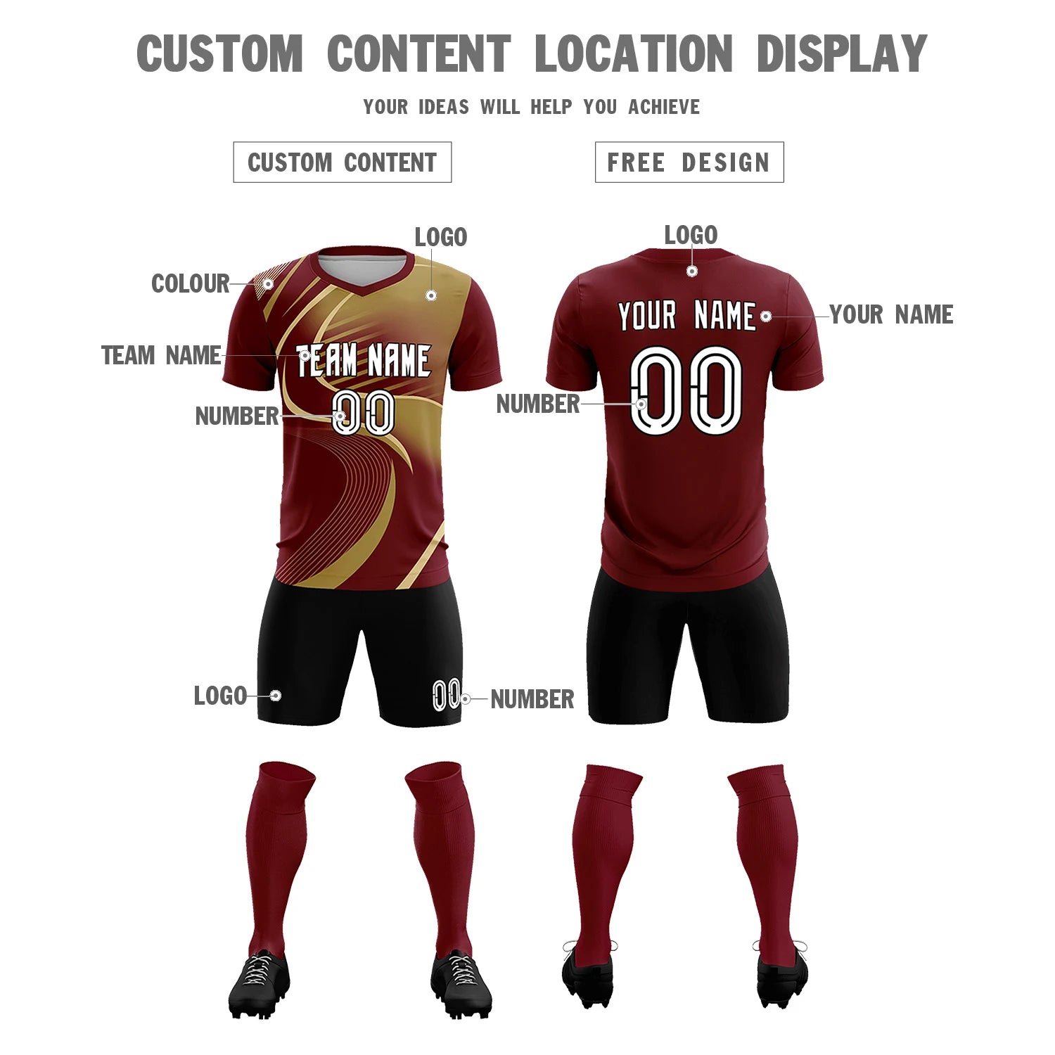 Custom Crimson Khaki-Old Gold Casual Printing Sportswear Soccer Sets Jersey