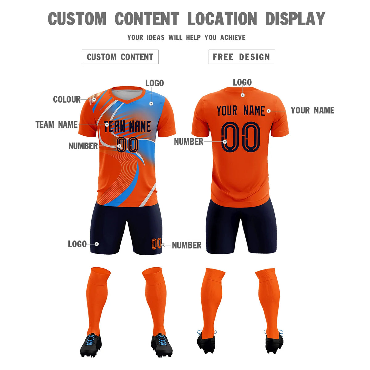Custom Orange Gray-Light Blue Casual Printing Sportswear Soccer Sets Jersey