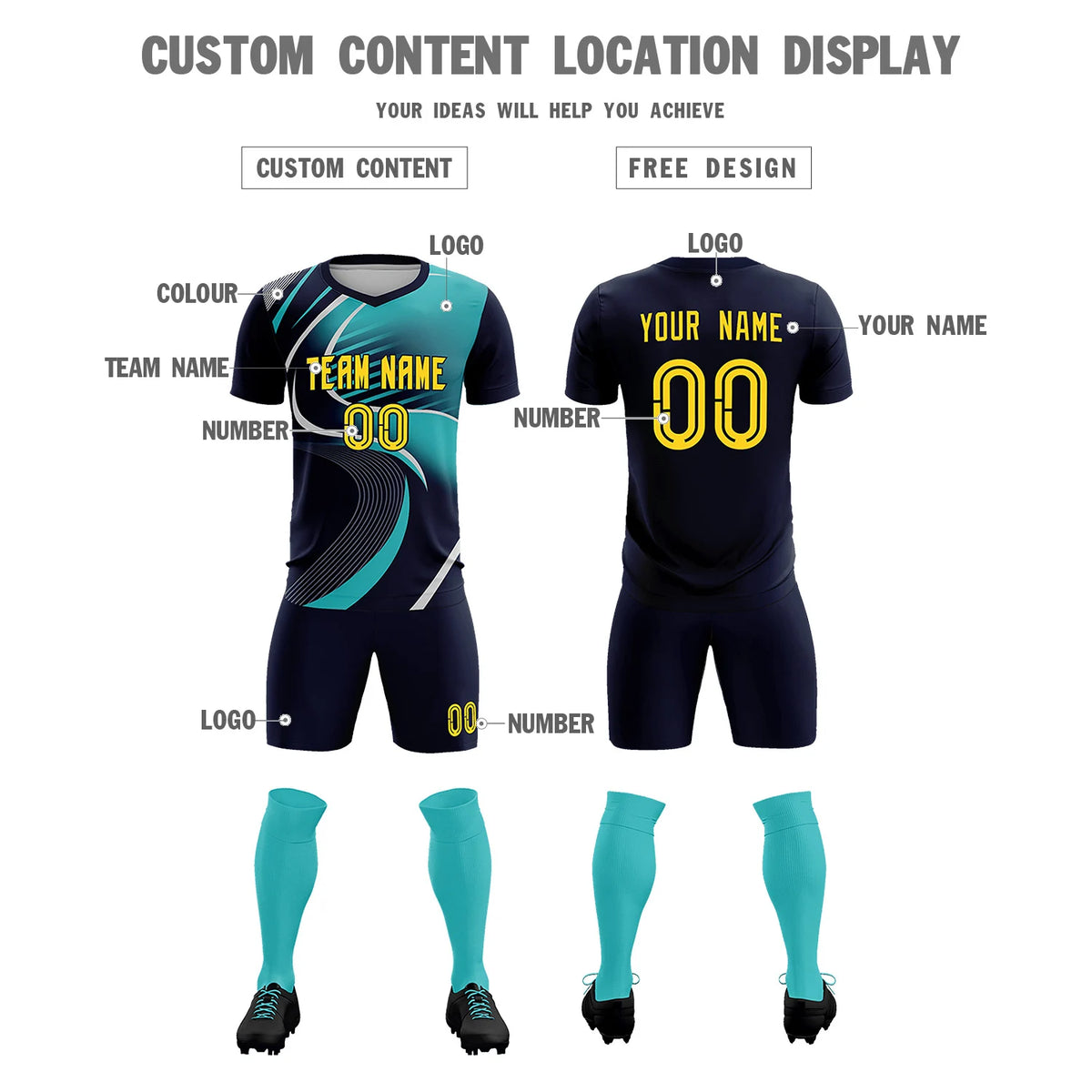 Custom Navy Gray-Aqua Casual Printing Sportswear Soccer Sets Jersey