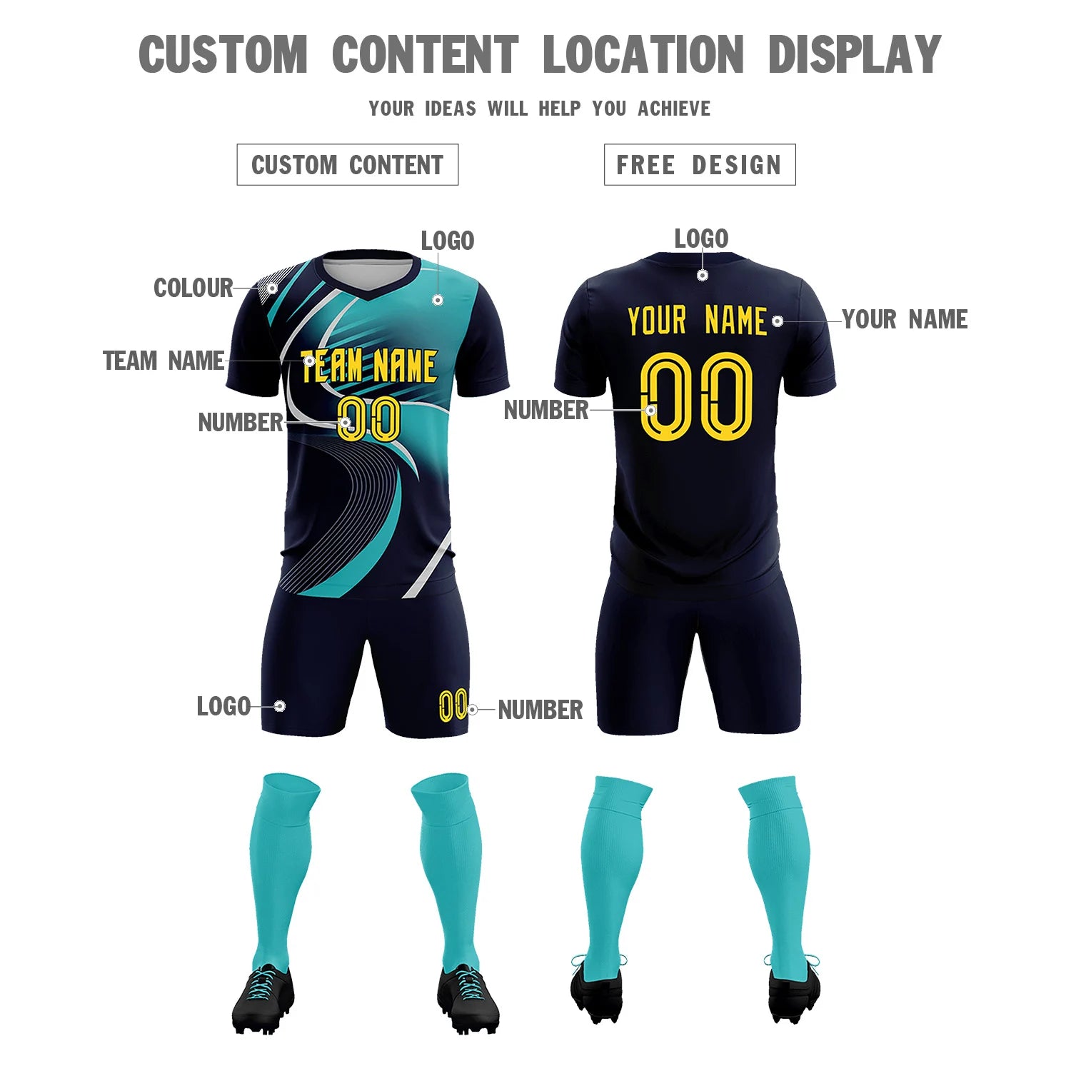 Custom Navy Gray-Aqua Casual Printing Sportswear Soccer Sets Jersey