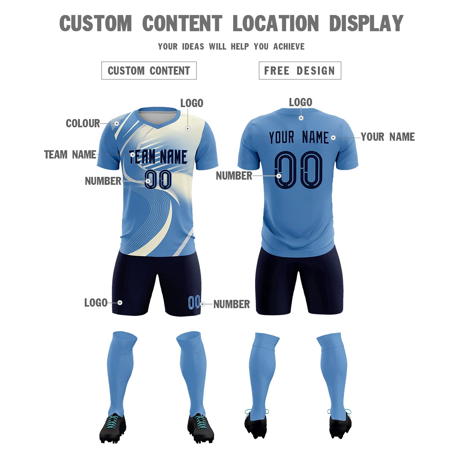 Custom Light Blue Gray-Khaki Casual Printing Sportswear Soccer Sets Jersey
