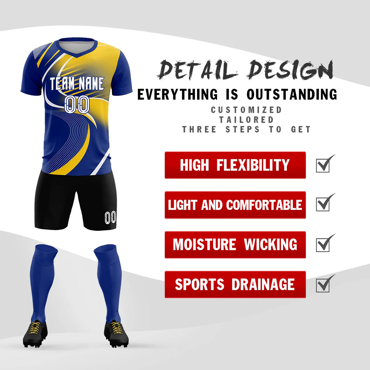 Custom Royal Blue White-Gold01 Casual Printing Sportswear Soccer Sets Jersey