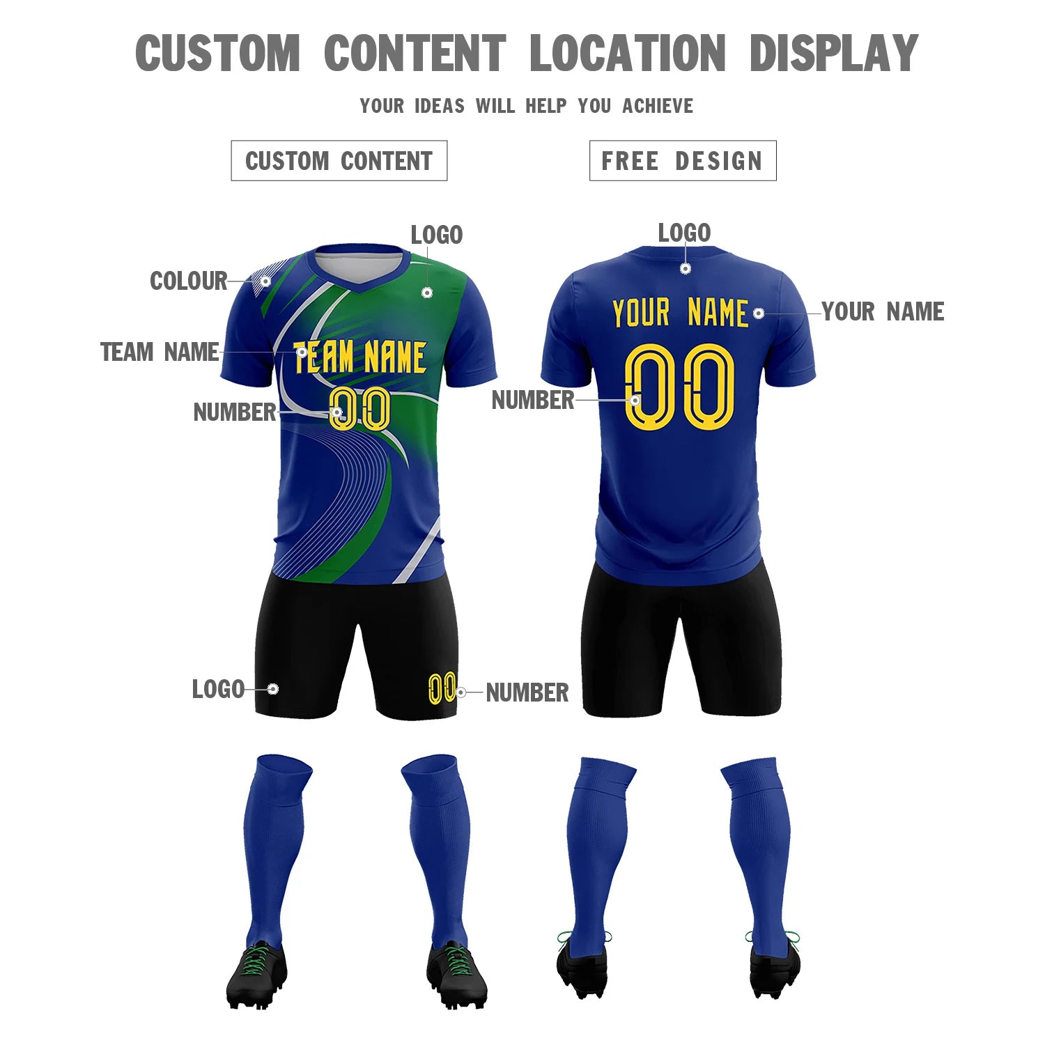Custom Royal Blue Gray-Kelly Green Casual Printing Sportswear Soccer Sets Jersey
