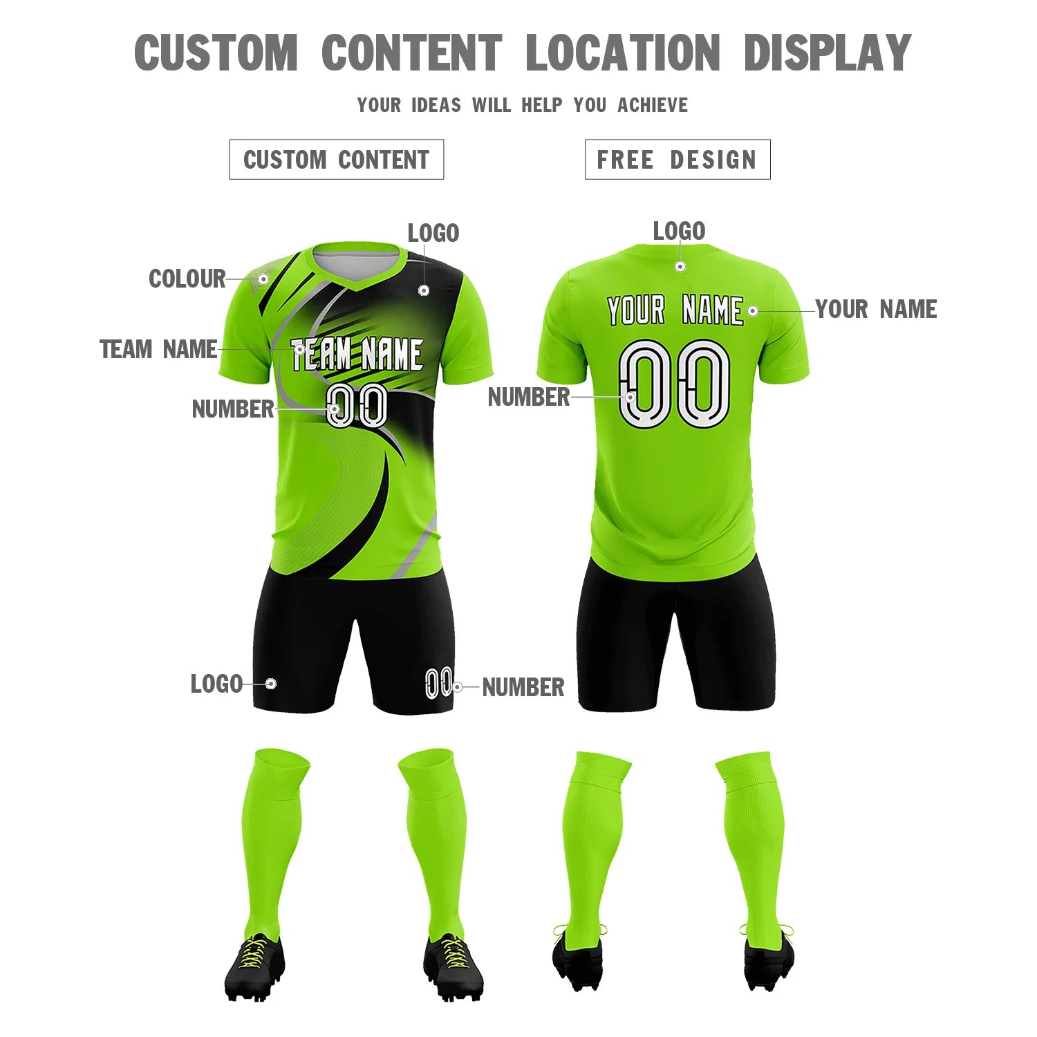 Custom Neon Green Gray-Black Casual Printing Sportswear Soccer Sets Jersey