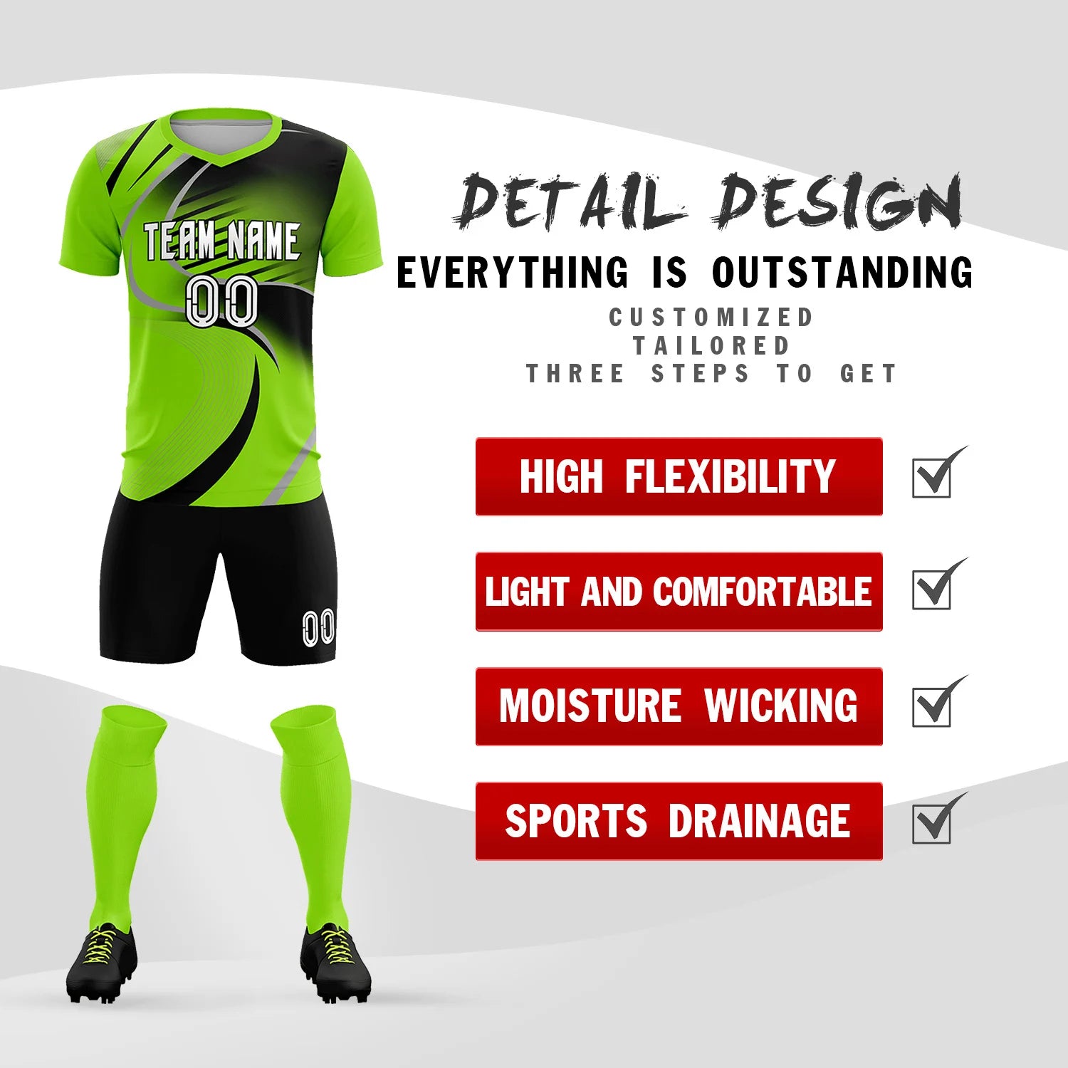 Custom Neon Green Gray-Black Casual Printing Sportswear Soccer Sets Jersey