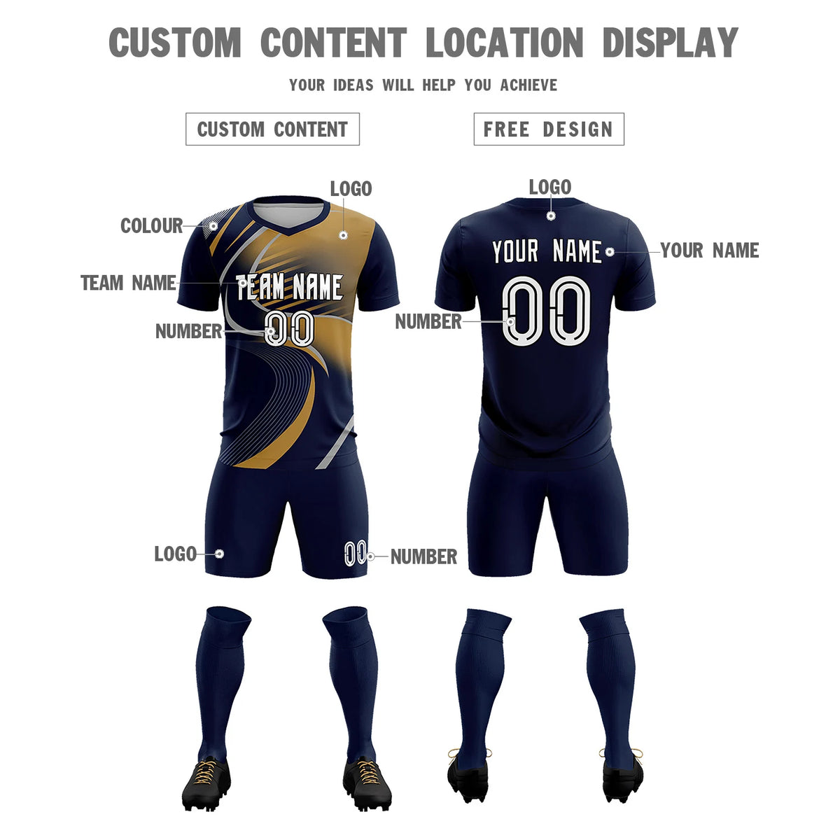 Custom Navy Gray-Old Gold Casual Printing Sportswear Soccer Sets Jersey