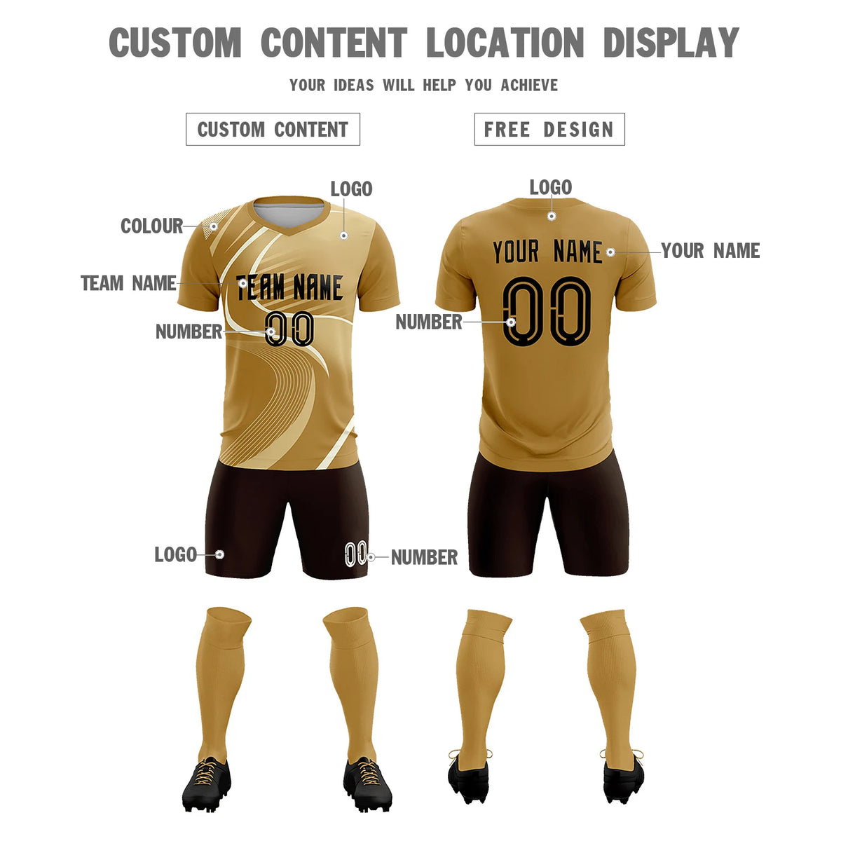 Custom Old Gold Khaki-Khaki Casual Printing Sportswear Soccer Sets Jersey