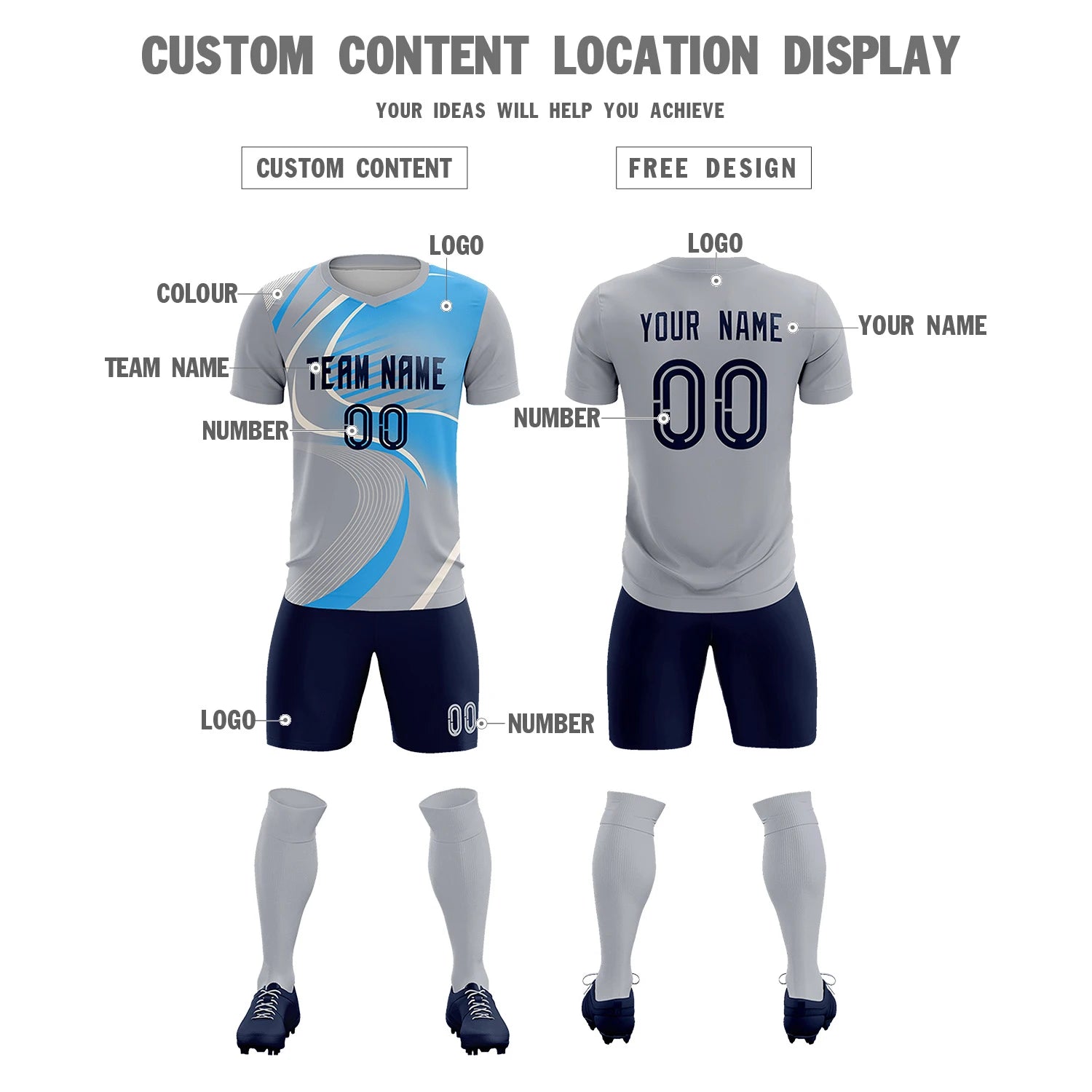 Custom Gray White-Powder Blue Casual Printing Sportswear Soccer Sets Jersey