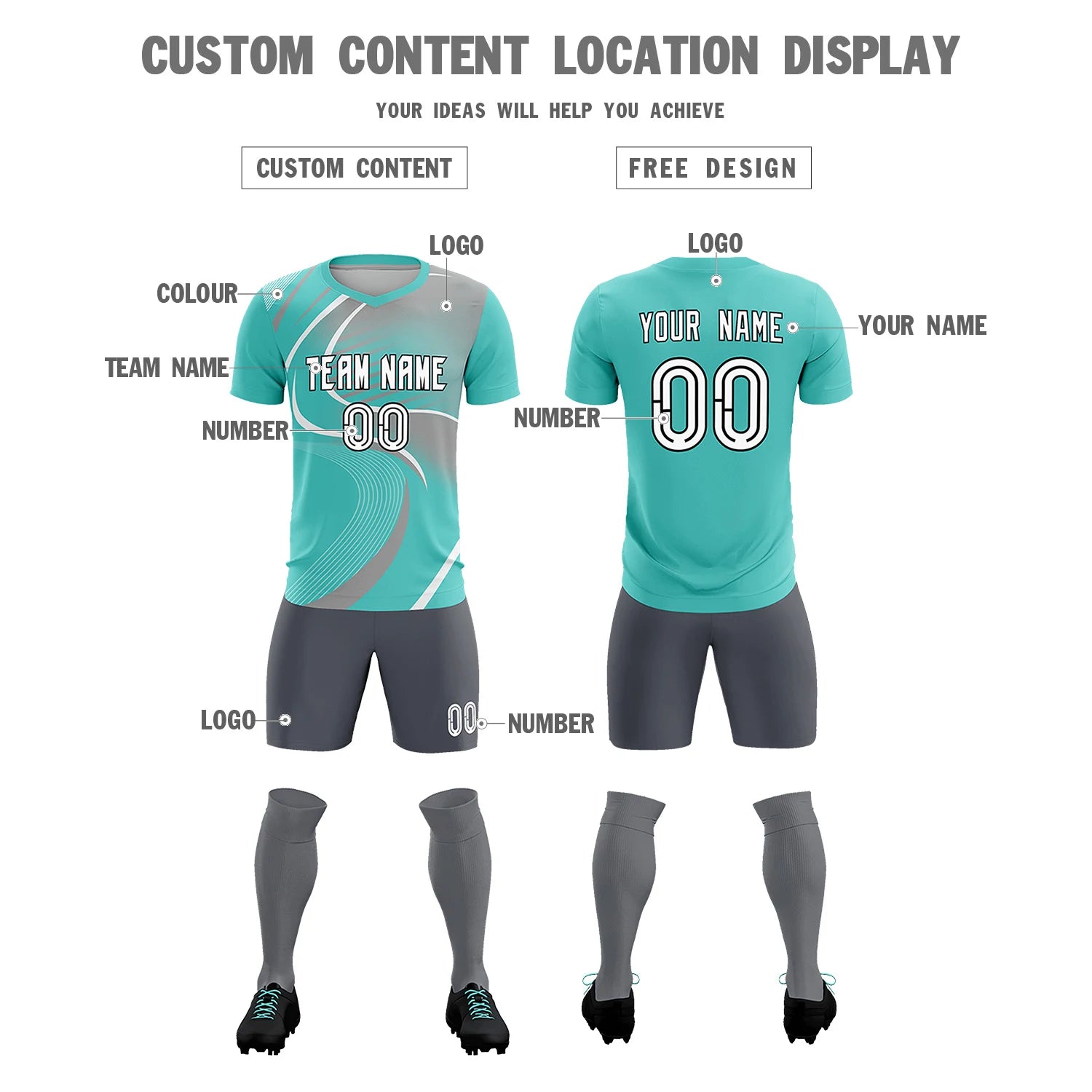 Custom Bright Green White-Gray Casual Printing Sportswear Soccer Sets Jersey