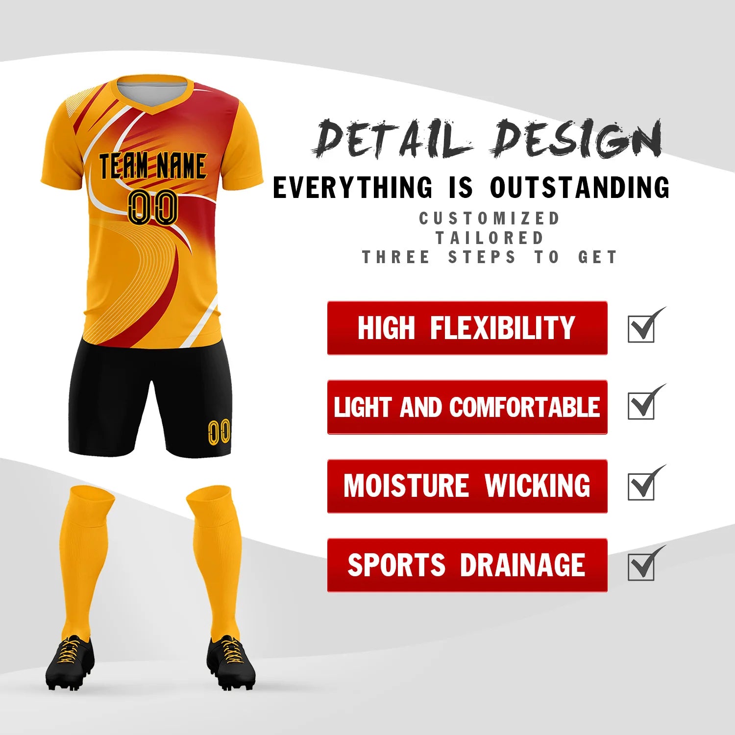 Custom Yellow White-Red Casual Printing Sportswear Soccer Sets Jersey