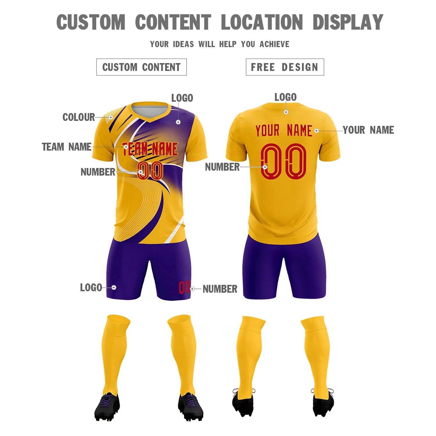 Custom Yellow White-Purple Casual Printing Sportswear Soccer Sets Jersey